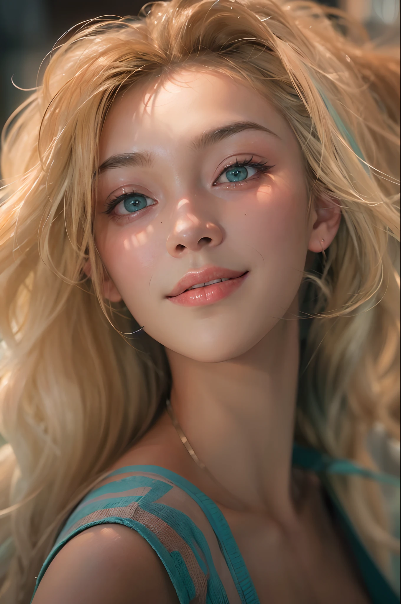 (ultra realisic), (Illustration), (Resolution Enhancement), (8K), (Extremely detailed), (Best Illustration), (beautiful-detailed eyes), (Best Quality), (The ultra-detailliert), (Masterpiece ), ( wall paper), (Detailed face),a blond, Wavy hair,(hi-top fade:1.3), (Smiling broadly, bright look), dark theme, soothing tones, muted colors, High contrast, (Natural skin texture, hyperrealism, Soft light, edgy),exposure blend, medium shot, Bokeh, (HDR:1.4), High contrast, (films, teal and orange:0.85), (muted colors, faded colors, soothing tones:1.3), Low saturation, (hyperdetailed:1.2),(Big breasts :1.2)