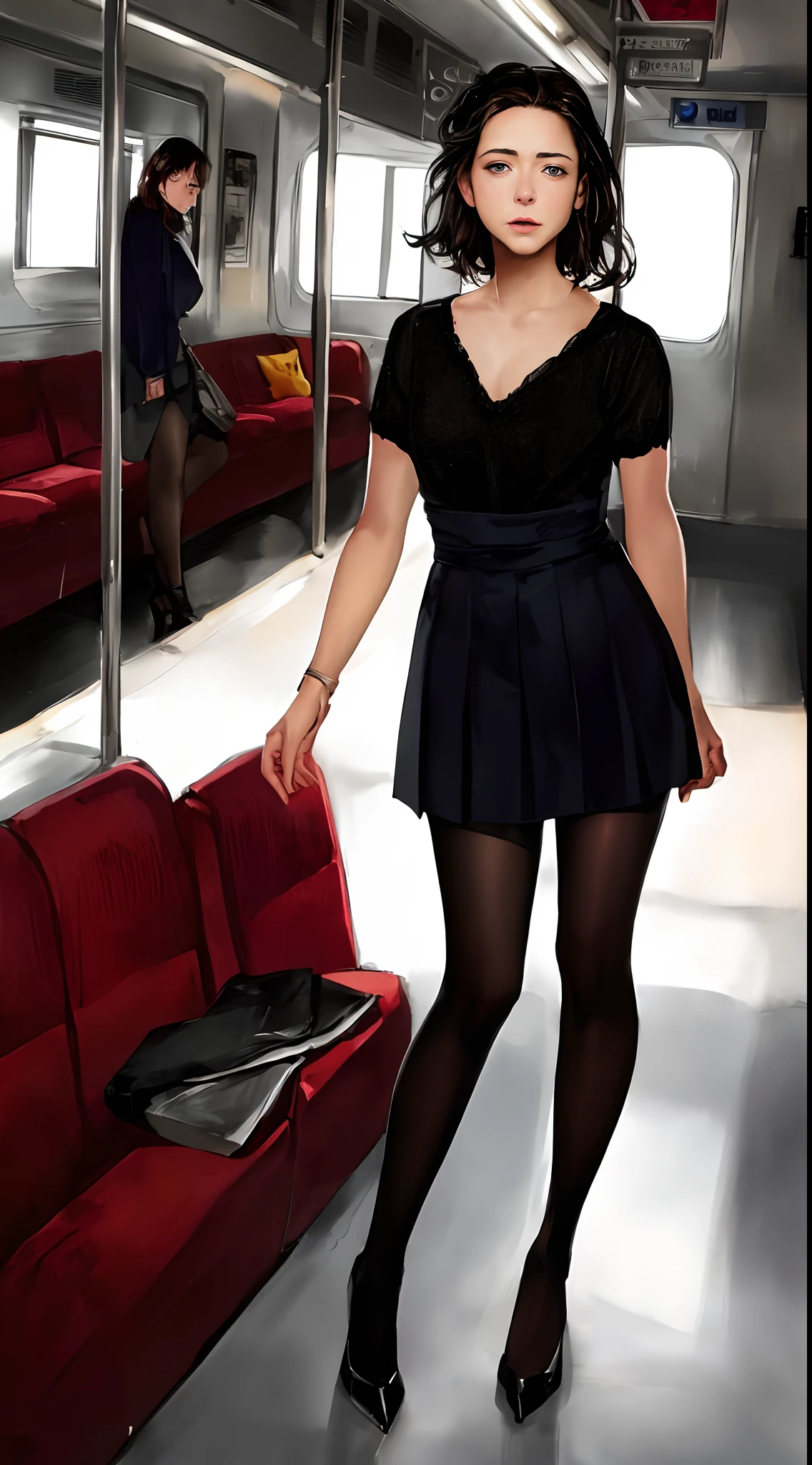 ((Robert Downey as a 14 year old pre-teen girl)), long blouse, tiny pleated skirt, waist-high black tights, high heels, full body photo, very fair skin, shaved hair, busy train car, photorealistic, indirect lighting, volumetric light, ray tracing, hyperdetailed