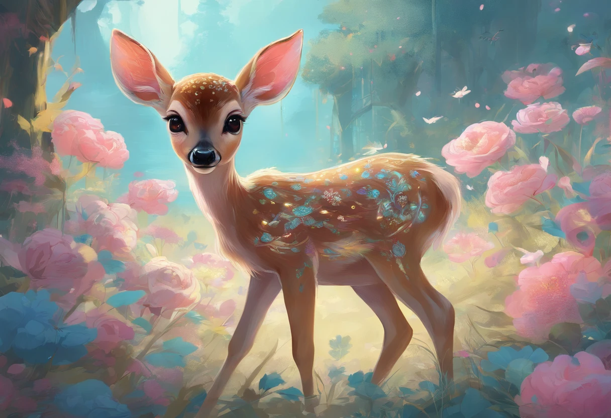 Masterpiece, best quality, 8k, high detail, hyper-detail, a cute fawn, light blue with holographic ornate designs, light pink and gold tetradic colors, approaching perfection