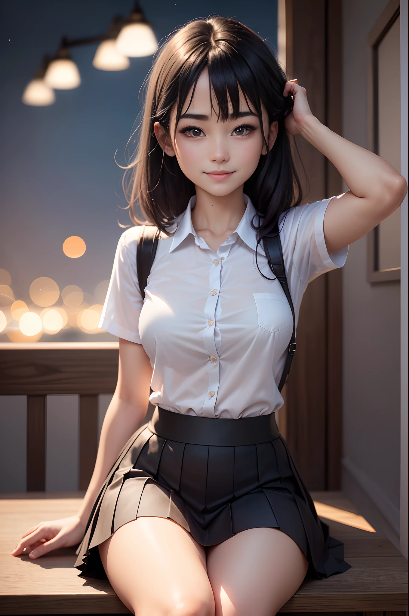 8K, Raw photo, Best Quality, masutepiece: 1.2), (Realistic, Photorealsitic: 1.37), Ultra-detailed, 1 schoolgirl, Beautiful, Solo, Beautiful detailed sky, Detailed Coffee, Night, Sitting, (Flushed nose), (Smile: 1.1), Long black hair　medium breasts, Beautiful detailed eyes, (Collared shirt: 1.1), a bow tie, Pleated skirt, (Short hair: 1.2), Long hair, 　Wet and see-through underwear　超A high resolution　real looking skin　Beautiful expression　wetting hair　A sexy