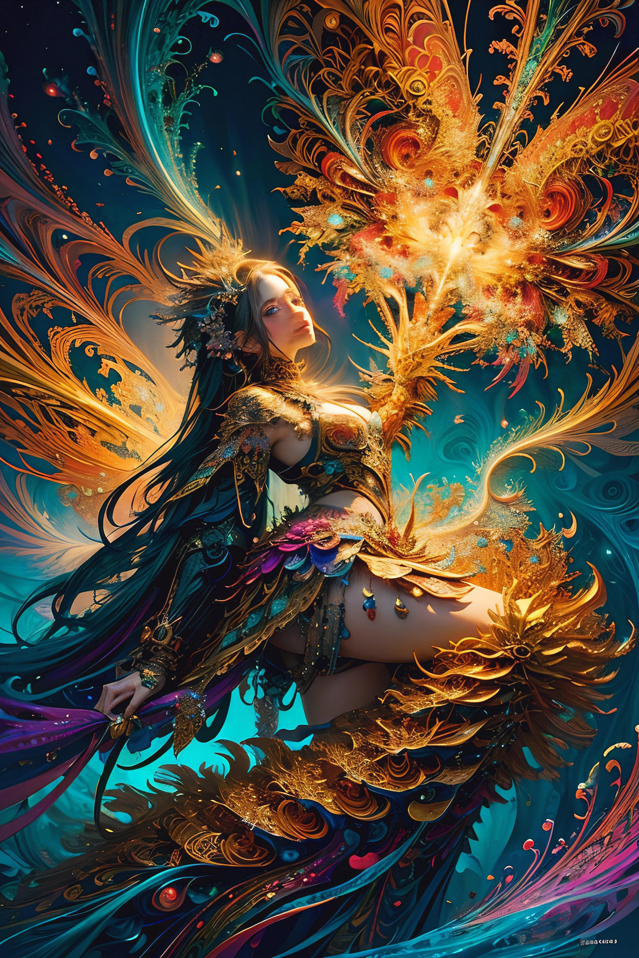 Behold the stunning chiaroscuro painting of a flawless Female Succubus, adorned with horns, showcasing her full figure, shapely yet formless, long tresses flowing freely, and captivatingly perfect features. She entices in a seductive Rococo style evening gown, a masterpiece by the artistic hands of Carne Griffiths, Wadim Kashin, and Concept art. An ethereal, abstract background embraces her in unparalleled beauty, with her poised stance teetering on the brink of perfection. Her pure form embodies the Golden Ratio, and her unfinished state displays the intricacy