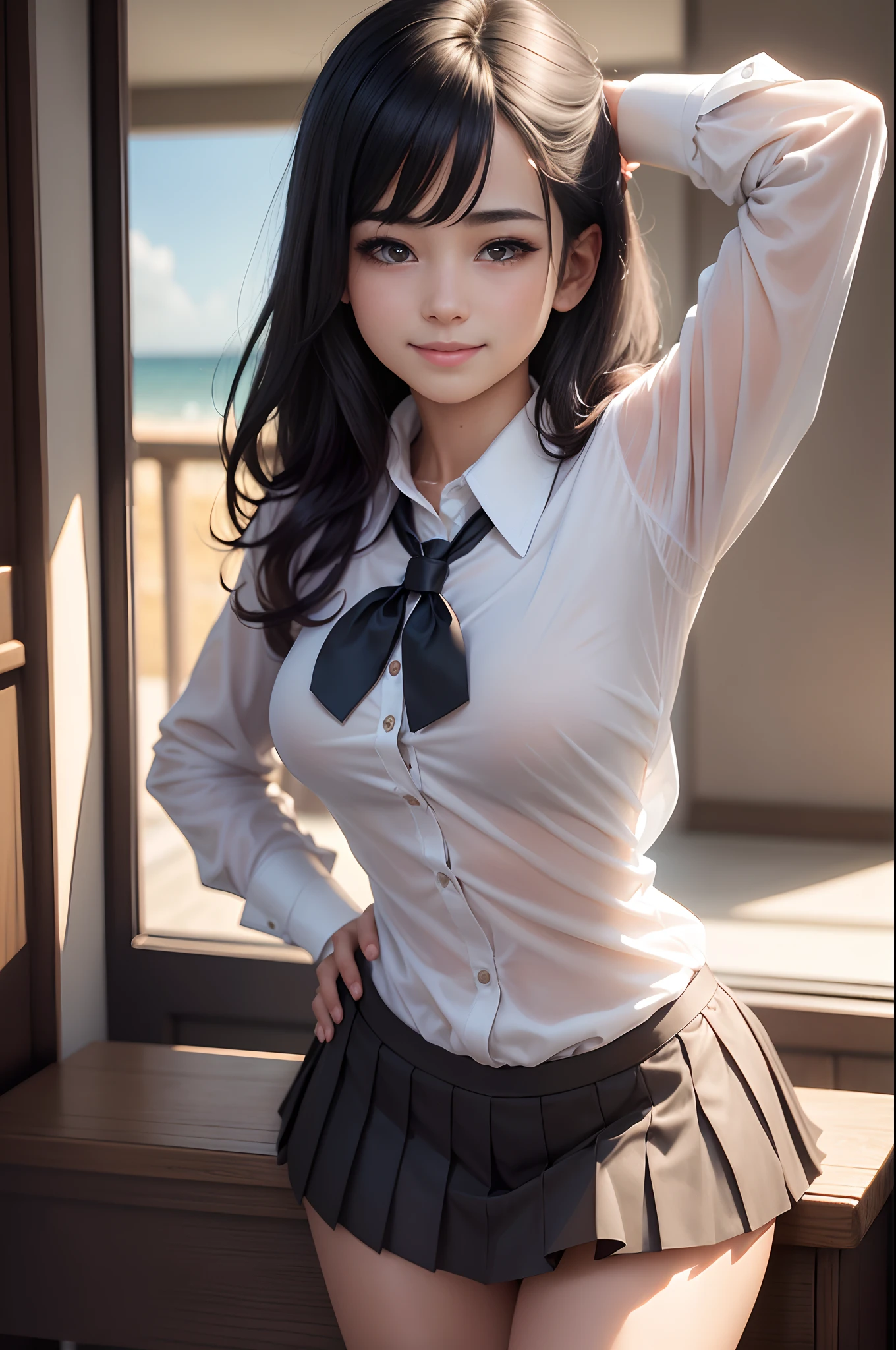 8K, Raw photo, Best Quality, masutepiece: 1.2), (Realistic, Photorealsitic: 1.37), Ultra-detailed, 1 schoolgirl, Beautiful, Solo, Beautiful detailed sky, Detailed Coffee, Night, Sitting, (Flushed nose), (Smile: 1.1), long brown hair　medium breasts, Beautiful detailed eyes, (Collared shirt: 1.1), a bow tie, Pleated skirt, (Short hair: 1.2), Long hair, 　Beautiful expression　超A high resolution　real looking skin