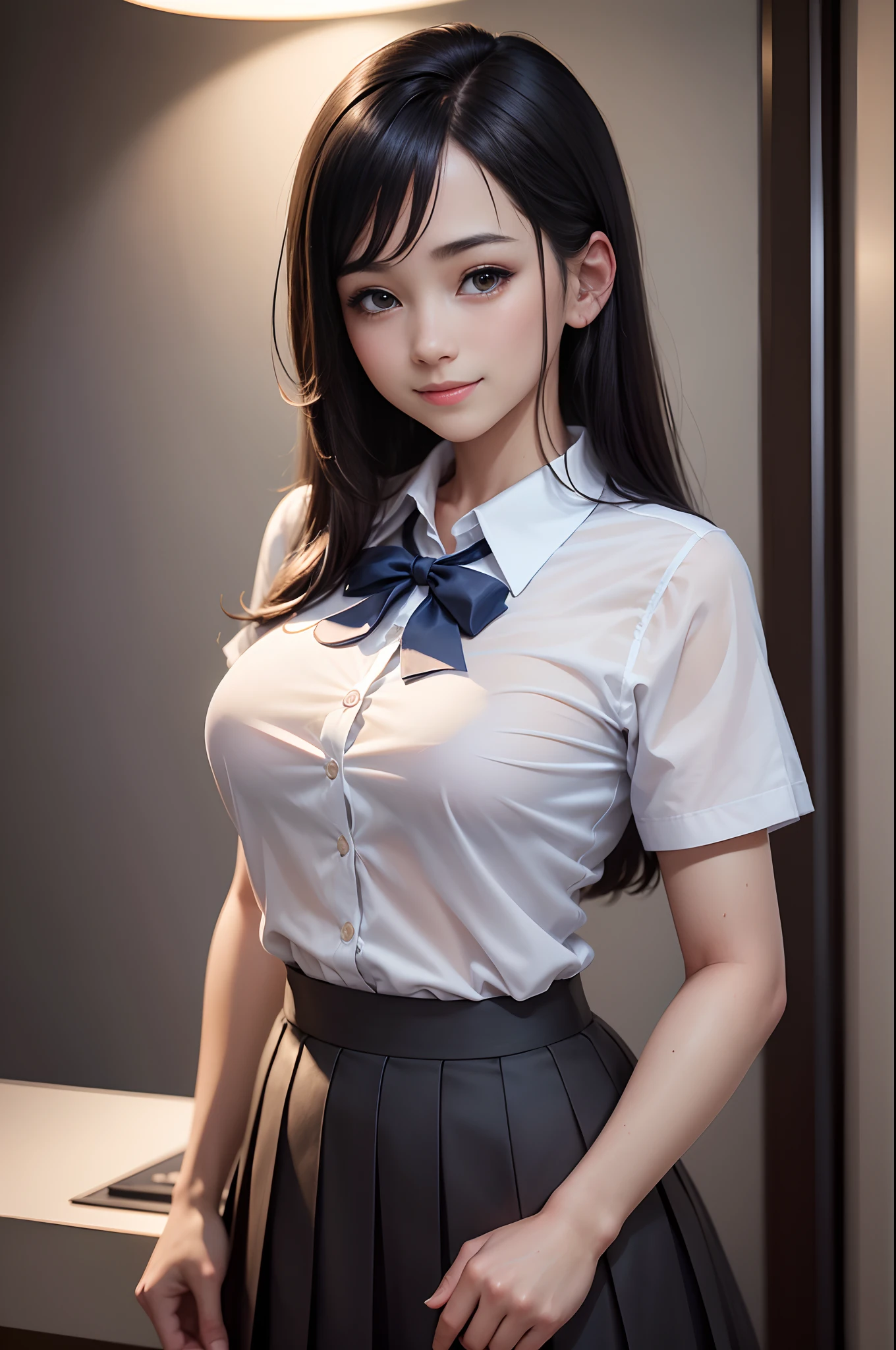 8K, Raw photo, Best Quality, masutepiece: 1.2), (Realistic, Photorealsitic: 1.37), Ultra-detailed, 1 schoolgirl, Beautiful, Solo, Beautiful detailed sky, Detailed Coffee, Night, all-fours, (Flushed nose), (Smile: 1.1), Long black hair　medium breasts, Beautiful detailed eyes, (Collared shirt: 1.1), a bow tie, Pleated skirt, (Short hair: 1.2), Long hair, 　Wet and see-through underwear　超A high resolution　real looking skin　Beautiful expression　wetting hair　A sexy