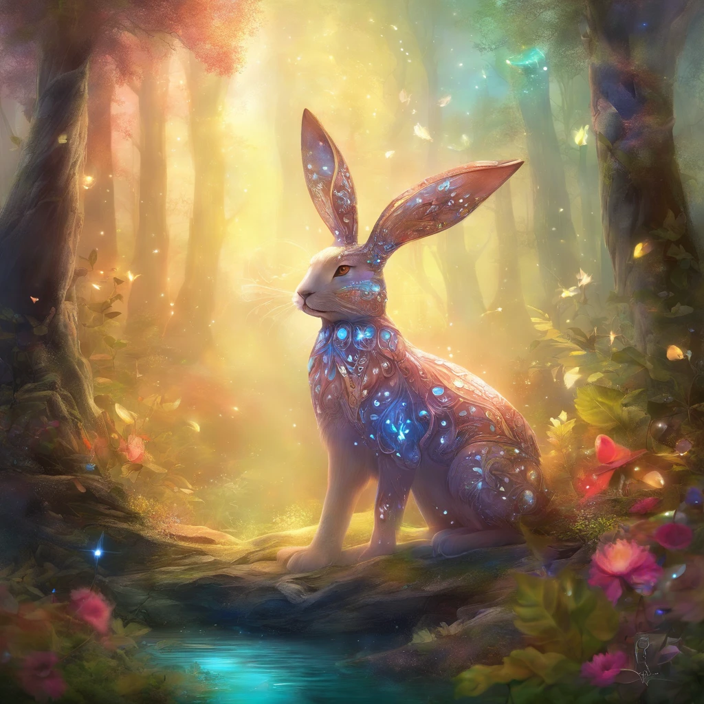 qualidade superior, obra prima, ultra-detalhada, Foto RAW, (Fotorrealista:1.4),
In the heart of the enchanted forest, an extraordinary being emerges from the vegetation, o Coelho de Cristal. Its coat is translucent, as if it were made of liquid crystal, and shines with a soft, ethereal light that radiates a sense of purity and magic. A pelagem do Coelho de Cristal muda de cor conforme ele se movimenta, capturando os matizes do ambiente ao seu redor e refletindo-os em seu corpo cristalino.

Your eyes are like faceted gemstones, de um azul profundo que parece conter segredos ancestrais. Quando olha com curiosidade para algo, seus olhos brilham intensamente, as if they were seeking to unravel invisible mysteries.

The Crystal Rabbit has long, sensitive ears that stand up with grace, Capturing the subtle sounds of the magical forest. Their paws are small and agile, allowing it to move silently through dense vegetation.

As you move, small sparks of light flicker in its wake, Leaving a trail of magical glow in the air. When you feel threatened or need to protect yourself, o Coelho de Cristal pode criar uma barreira de cristal ao seu redor, becoming temporarily invulnerable.

This magical being is considered a symbol of purity and protection in the enchanted forest, and his presence is always a glimpse of wonder and delight. Those who are lucky enough to find it have the feeling of having witnessed a truly unique and magical creature. Estilo Europeu, Pale lighting, Noite, profundidade de campos