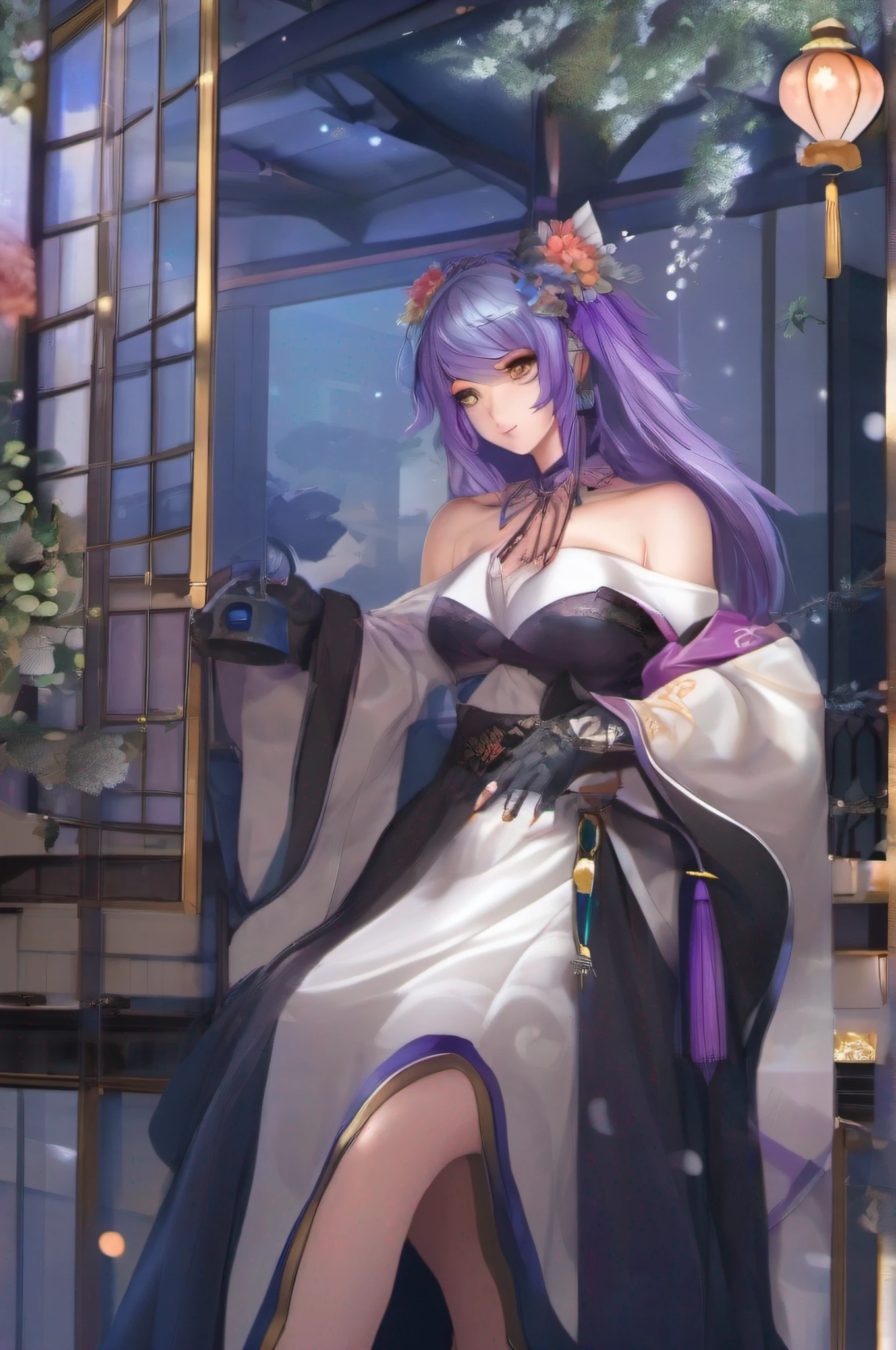 masterpiece, best quality, 1girl, (mature female:1.2)ganyu \(genshin impact\), ahoge, architecture, bangs, bare shoulders, bell, black gloves, ((blue hair)), Japanese , detached sleeves, east asian architecture, flower knot, gloves, bracelets, long hair, neck bell, night, outdoors, Large purple eyes, sidelocks, solo, tassel, Purple Latex, pelvic curtain, pantyshot, no panties,perfect body, skinny, large breasts, wide hips, narrow waist,