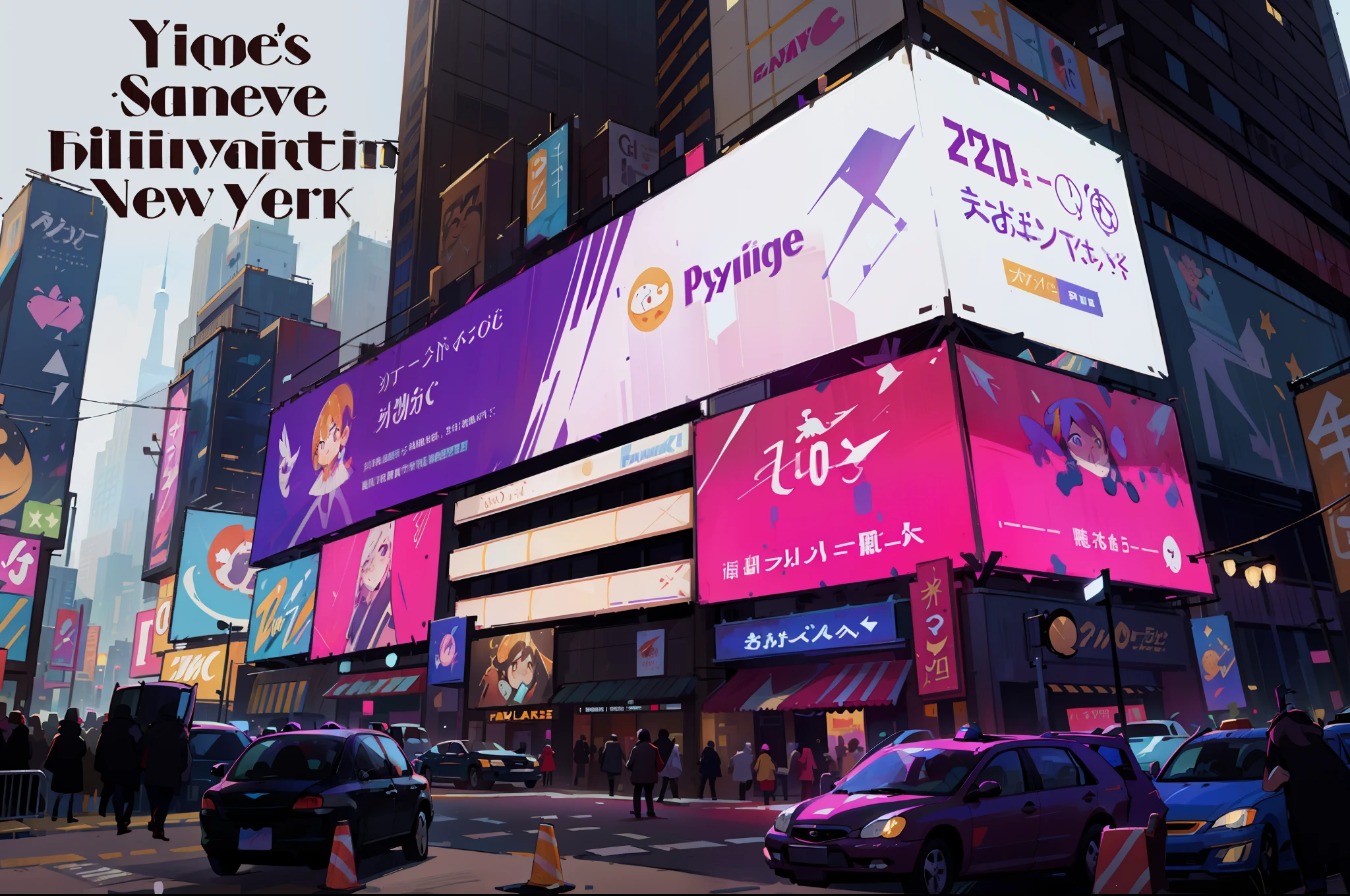 Panneaux, Nyc, Times Square, Vibrant colors, Lively crowd, neons, Iconic skyscrapers, Cosmopolitan atmosphere, night scene, Paysage urbain moderne, Fast energy, Advertising frenzy, Paysage urbain, Affichages interactifs, Digital Billboards, Larger-than-life advertisements, Visuels dynamiques, Extravagance high-tech, surcharge sensorielle, Eclectic mix of cultures, Haut lieu touristique, Ville qui ne dort jamais, Dazzling show, bustling streets, Iconic yellow taxis, artistes de rue, Spectacles de Broadway, Emblematic monuments, Colorful signs, Paillettes et glamour, Vibrant nightlife, Iconic New Year's Eve ball drop, Famous theatres, lively cafes and restaurants, klaxonner les voitures, Intersections achalandées, Pedestrians rushing to pass, 24/7 energy, the iconic spirit of the Big Apple, Incarnation de la vie urbaine. (Best quality, high resolucion), (Realstic), (Paysage nocturne), (city lights), (composition dynamique), (Style pop art), (Bright and saturated colors), (perspective: Grand angle), (Chaos urbain), (Photographie de rue), (mouvement rapide), (Dazzling visual experience), (Ambiance futuriste), (Lively atmosphere), (Unforgettable atmosphere).