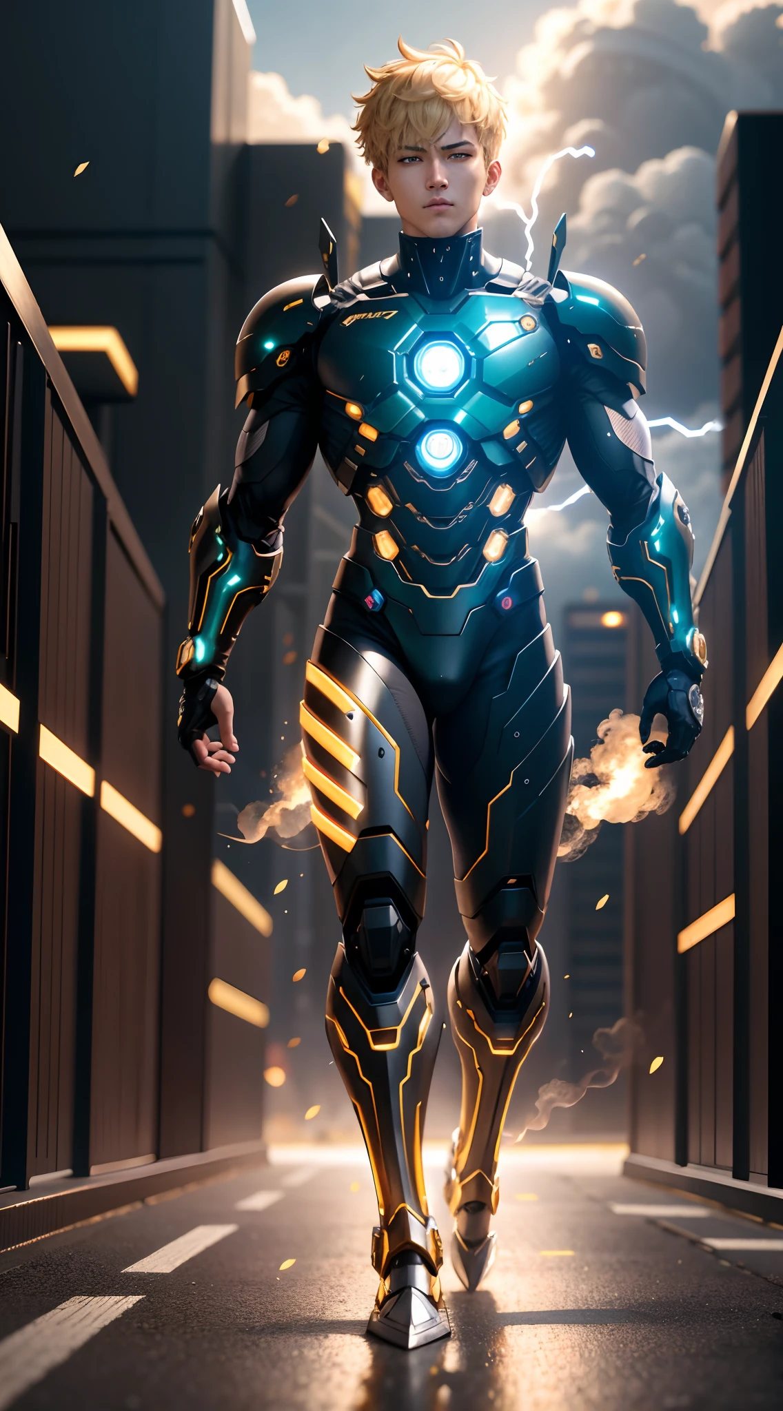 full body of a person in cyborg mode, 1boy, anime character, undercut hair, Genos Combat mode, Genos from one punch man, shining eyes, epic batlle pose, dinamic lighting, The body emits electric sparks, electrical particle, battlefield smoke electrical fire background, badass anime character 8 k, anime mecha aesthetic, black and metalic gold armor cyborg, detailed key anime art, one punch man manga, highly detailed Cyborg, hyper realistic