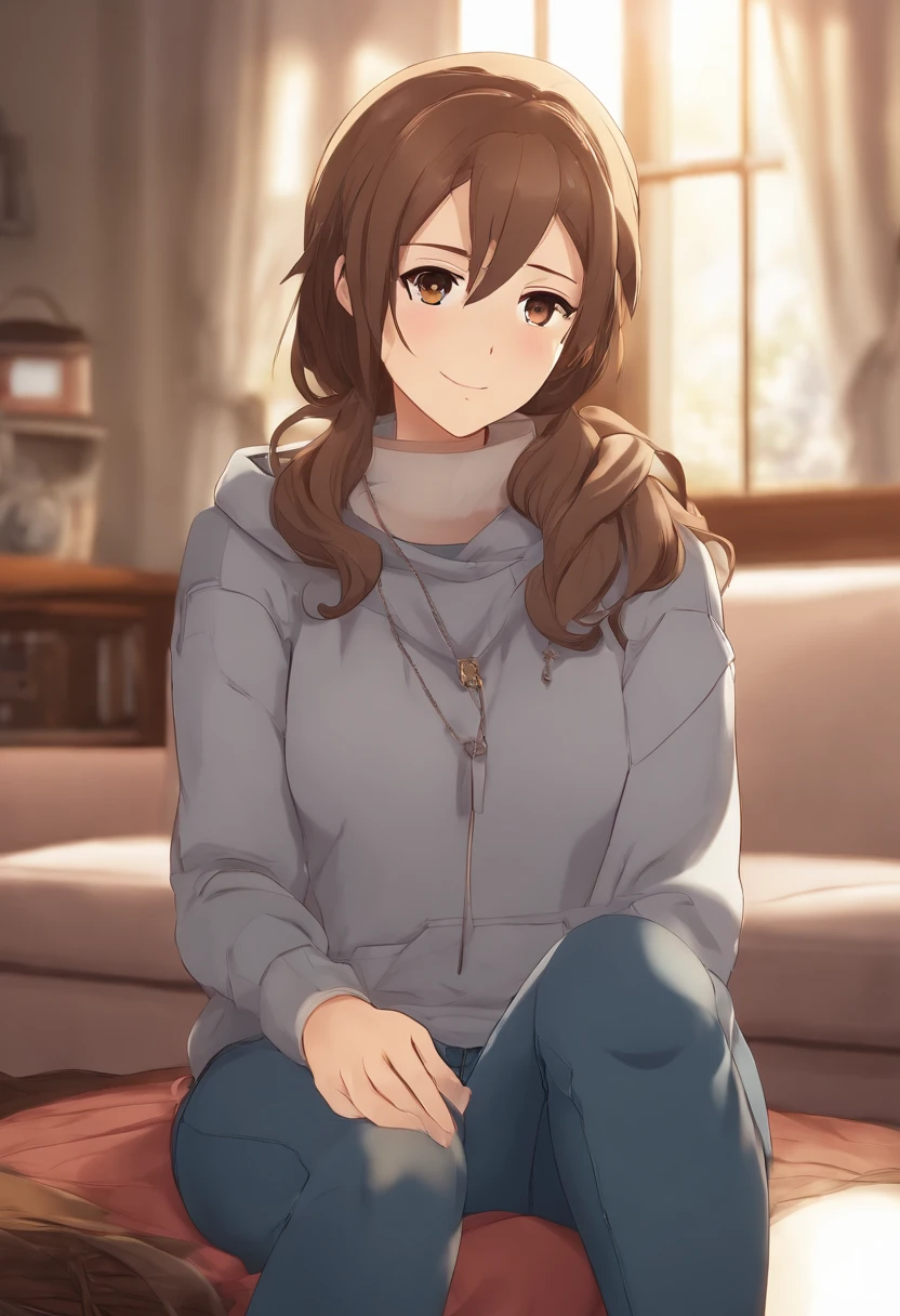 Bell, anime, brown hair, medium breasts, brown eyes, light smile, jeans, scarf, gray sweatshirt, blue pants, sitting, cross-legged, inside a smart home, sitting on the couch, Asada Shino's face, anime Sword Art Online, best quality