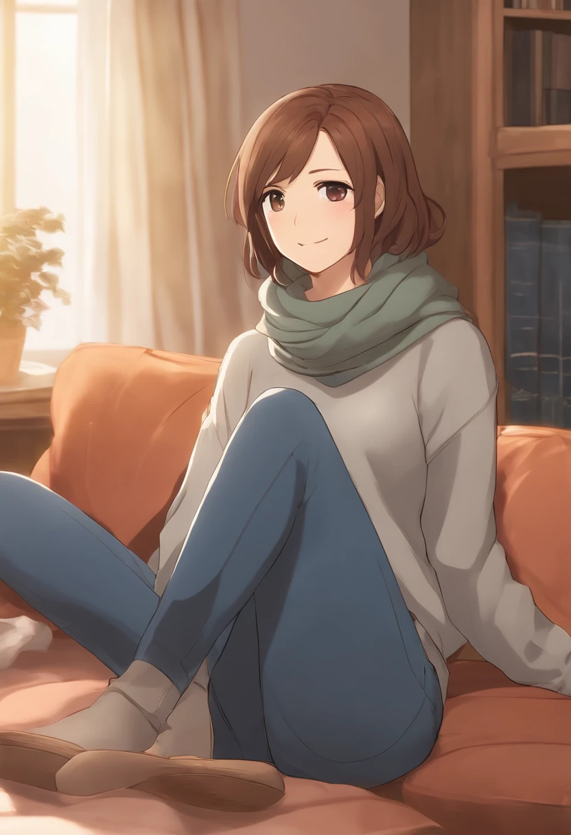 Bell, anime, brown hair, medium breasts, brown eyes, light smile, jeans, scarf, gray sweatshirt, blue pants, sitting, cross-legged, inside a smart home, sitting on the couch, Asada Shino's face, anime Sword Art Online, best quality