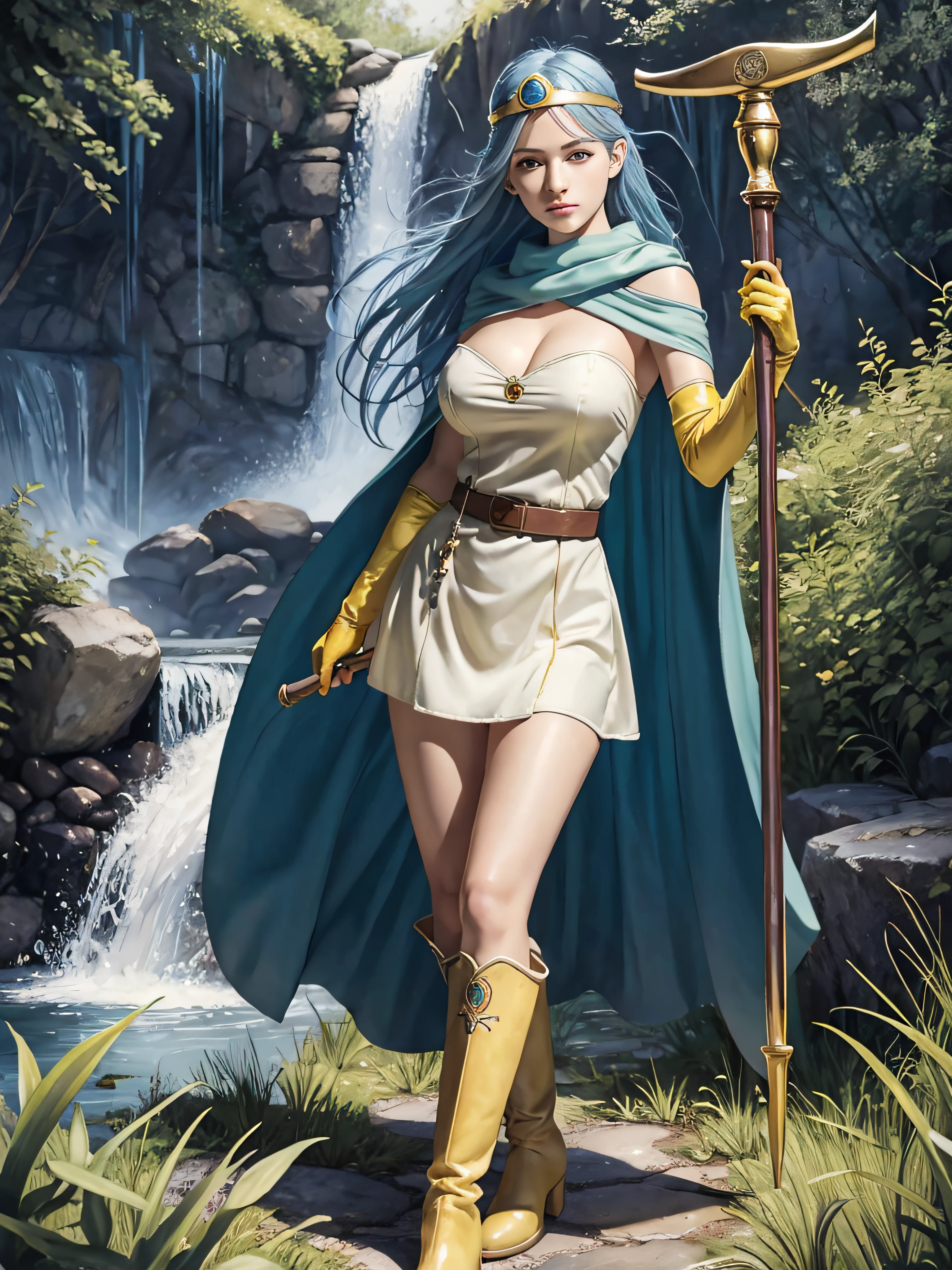 masterpiece, best quality, ultra-detailed, illustration, sage_(dq3), 1girl, (holding staff:1.3), solo, long hair, blue hair, circlet, red eyes, large breasts, yellow gloves, white dress, belt, cape, boots, cleavage, bare shoulders, underwear, cowboy shot, grass, waterfall