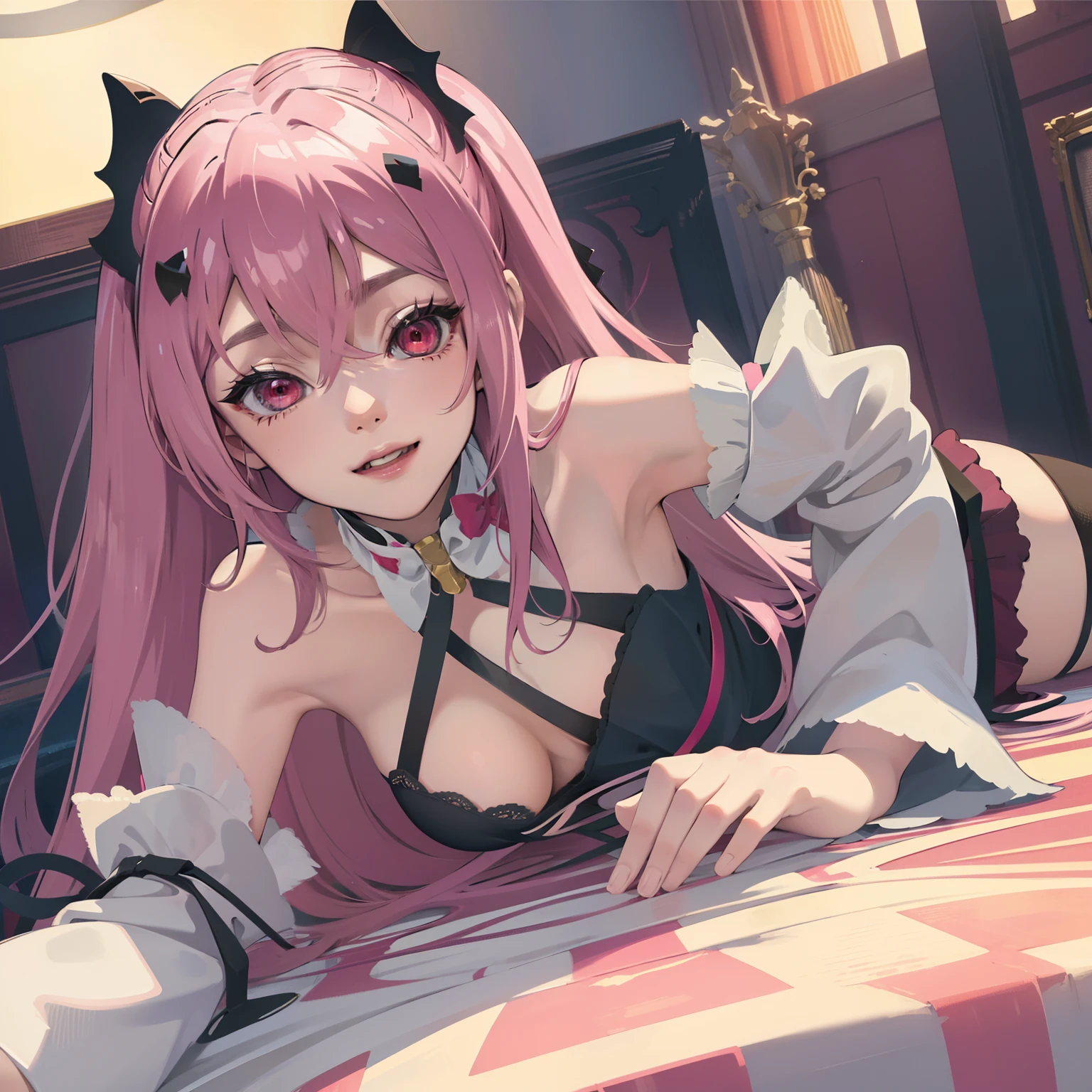 (Masterpiece), Best Quality, expressive eyes, a perfect face, 1girl, 独奏, pink hair, red eyes, Flat Breast, Smile, underwear, black panties, black bra, pink bows, liying on bed, lying on her stomach