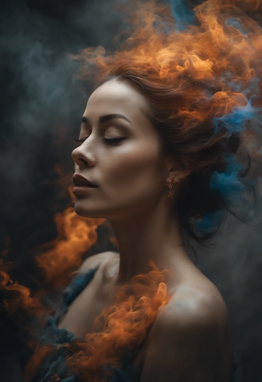 (best quality,4k,highres,masterpiece:1.2),ultra-detailed,realistic:1.37,colorful,smoke explosion,abstract art,blurred background,vibrant colors,fluid movement,sharp focus,photorealistic lighting,ethereal atmosphere,striking contrast,bokeh,explosive energy,whirling motion,color palette,creative chaos,dreamlike ambiance,wisps of smoke,mesmerizing patterns,waves of color,dynamic composition,intricate details,fluid brushstrokes,translucent layers,emotive expression,abstract expressionism,spontaneous inspiration,impressionistic interpretation,sensory experience,visual harmony,immersive art,wonder and awe,pure visual pleasure. Smoke in the form of woman