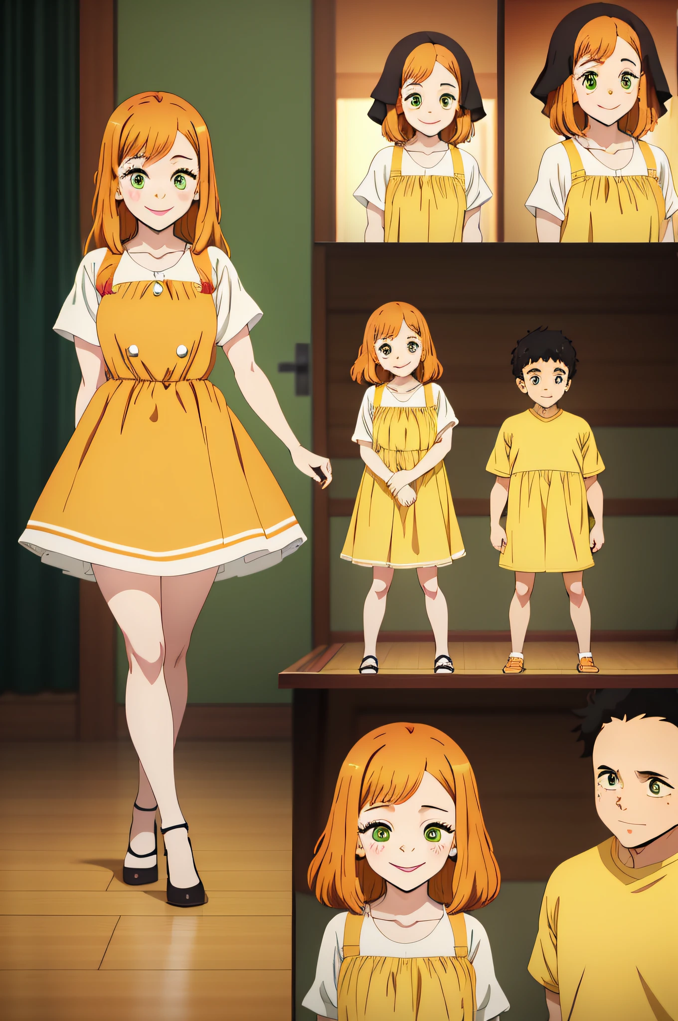  girl, kid,e, happy, with short dark orange hair, green eyes, young age, charac sheet, different poses, big smile, smiling, shoulder-length hair, yellow dress, with white undershirt