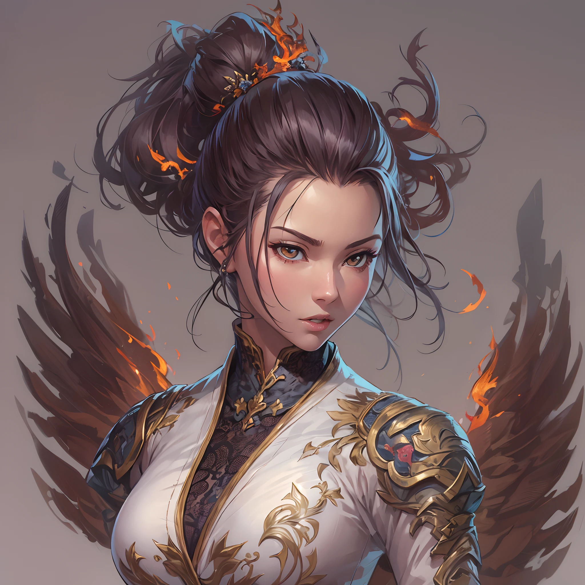 8k portrait of beautiful cyborg with brown hair, intricate, elegant, highly detailed, majestic, digital photography, art by artgerm and ruan jia and greg rutkowski surreal painting gold butterfly filigree, broken glass, (masterpiece, sidelighting, finely detailed beautiful eyes: 1.2), hdr,