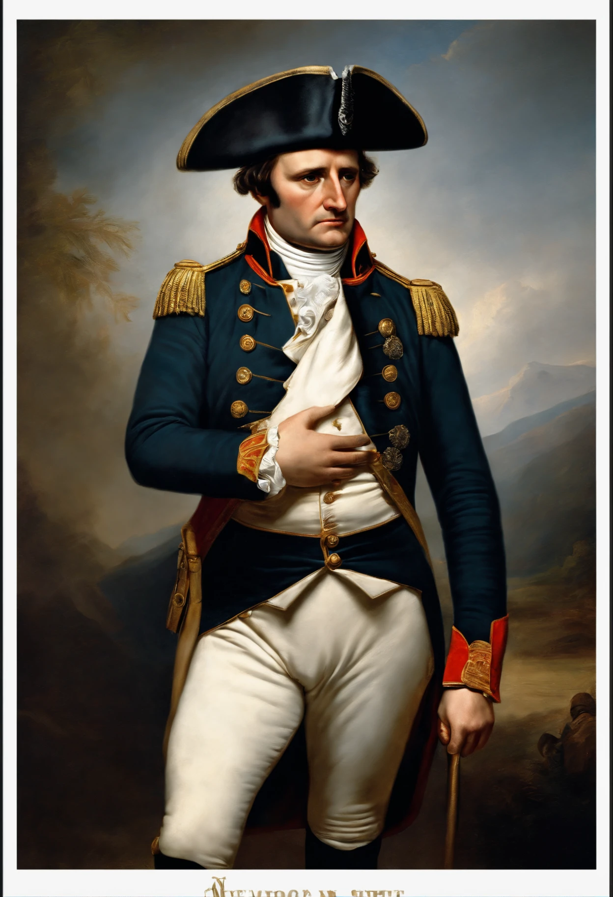 painting of Napoleon Bonaparte with a sad look and hands on his forehead