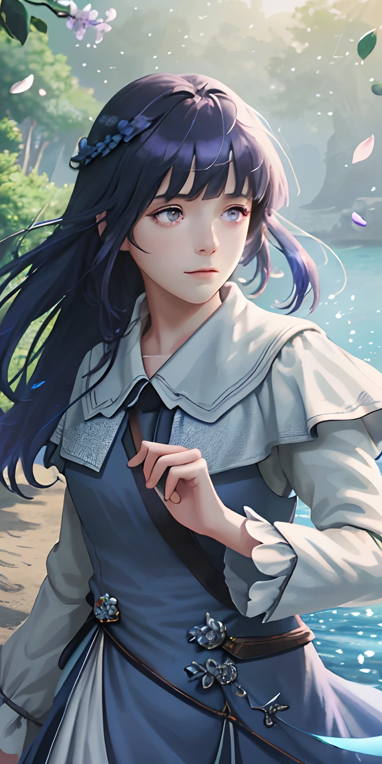 Masterpiece, best quality, (very detailed CG unity 8k wallpaper) (best quality), (best illustration), (best shadows) Nature', blue sea,delicate leaves petals of various colors falling in the air light Tracking, Blunt Bangs, purple eyes, long dark blue hair,super detailed --v6