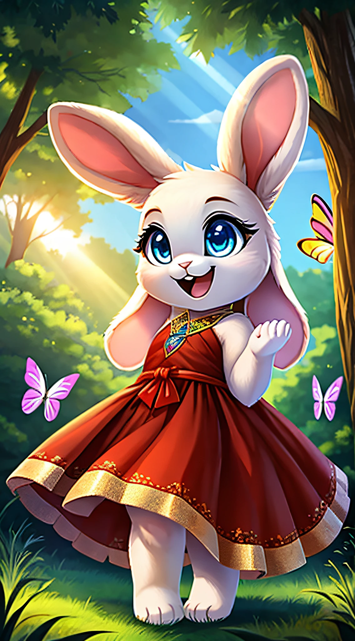 zoomed out image, fantasy style art, cute, adorable, short character, small, tiny, baby fluffy female white bunny with blue eyes, 4 ears, 2 extra ears, big floppy ears, long ears, ears perked up, raised ears, long eyelashes, wearing a red frilly ribbon dress, standing in a forest, colorful butterflies, big expressive smile, open mouth, wide eyes, excited eyes, excited face, stunning visuals, sunrays, digital illustration