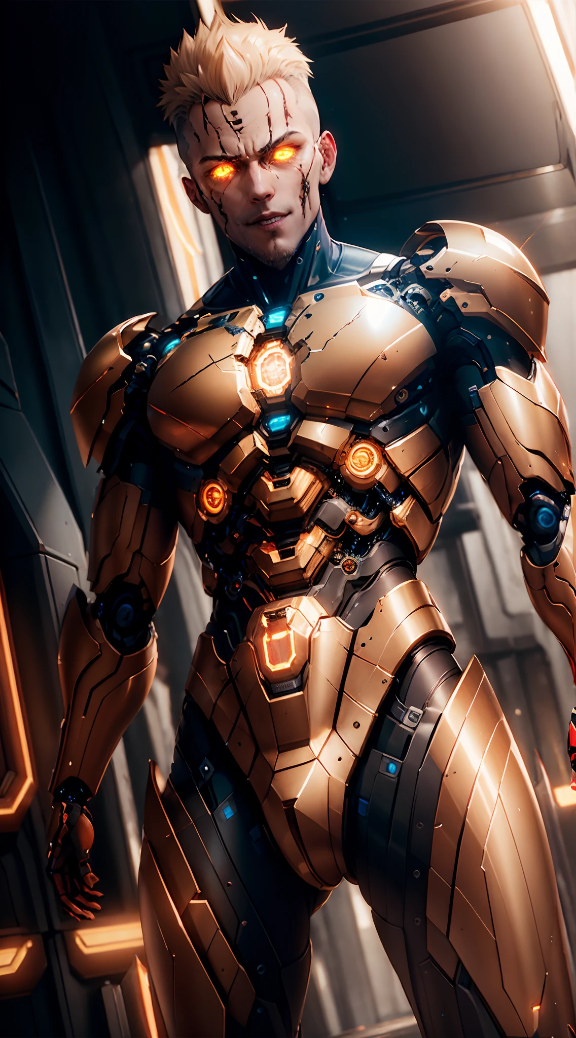 Full body of a person in cyborg mode, 1boy, anime character, undercut hair, Genos Combat mode, Genos from one punch man, shining eyes, epic batlle pose, dinamic lighting, The body emits electric sparks, electrical particle, battlefield smoke electrical fire background, badass anime character 8 k, anime mecha aesthetic, black and metalic gold armor cyborg, detailed key anime art, one punch man manga, highly detailed Cyborg, hyper realistic