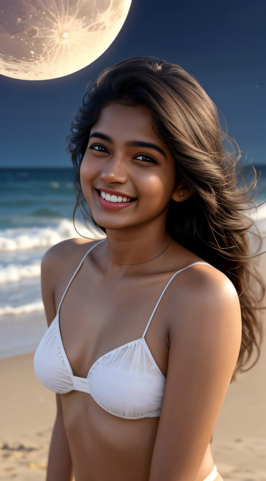 young Indian girl, dark complection, 18-year-old, laughing and happy, ,beach,, moon light, night time realistic skin , ultra hd photo, girl is happy face ,cinimaticc pose , full body picture,pose flawless complexion, top-notch 3D rendering, hyper-realistic, shot on beach,. photorealistic digital art trending on Artstation 8k HD high definition detailed realistic, detailed, skin texture, hyper detailed, realistic skin high resolution, detailed, raw photo, 400 camera f1.6 lens rich colors hyper realistic lifelike texture, specs