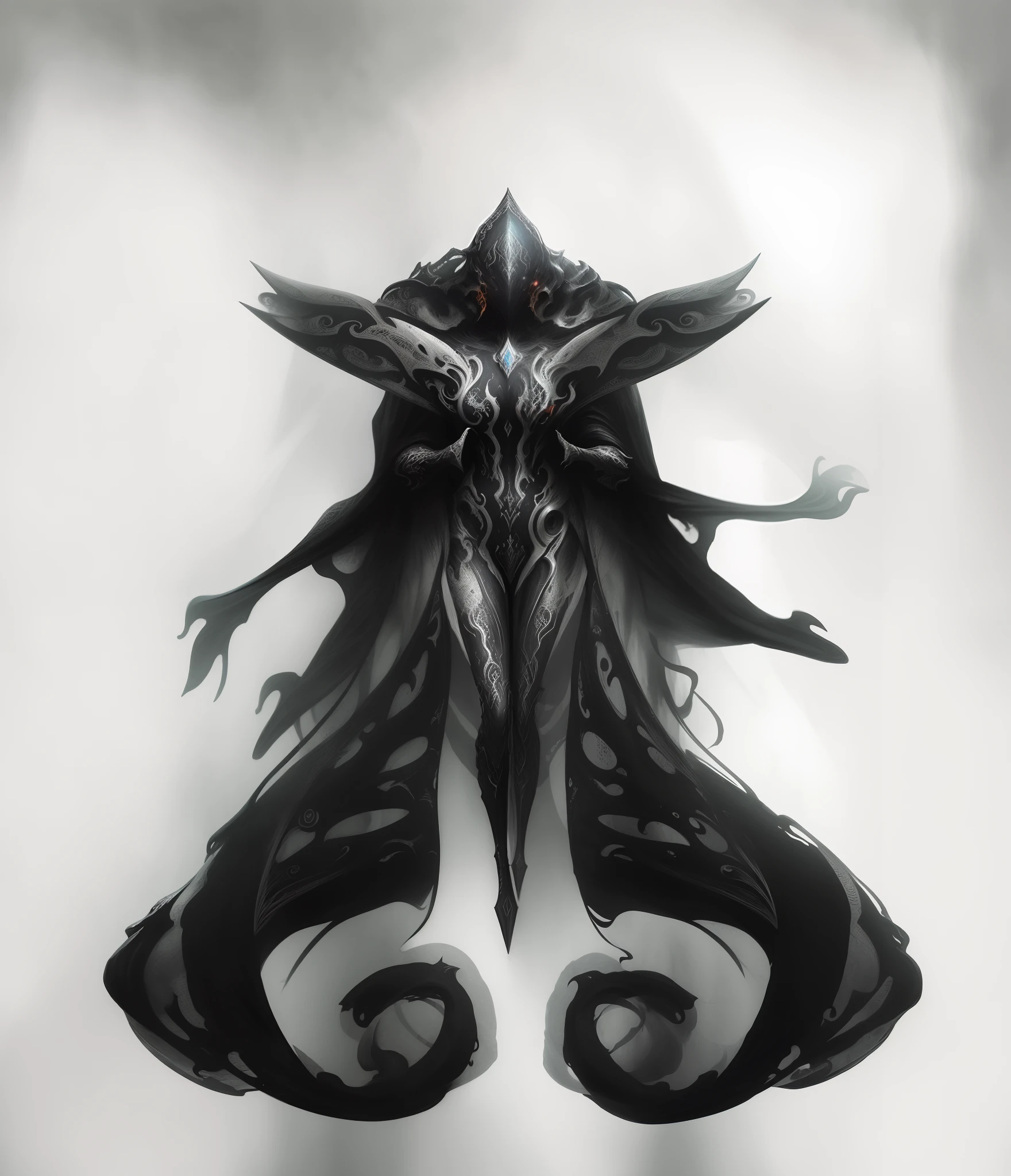 a black and white photo of a woman with wings on her head, rsrs, arte conceitual demon soul, Arte conceitual escura de alto contraste, symmetric concept art, demon noble character design, fanart warframe de alta qualidade, fanart detalhada do warframe, simetria!! arte conceitual, conceito de corpo inteiro, arte infestada de warframe, Fanart Warframe requintada