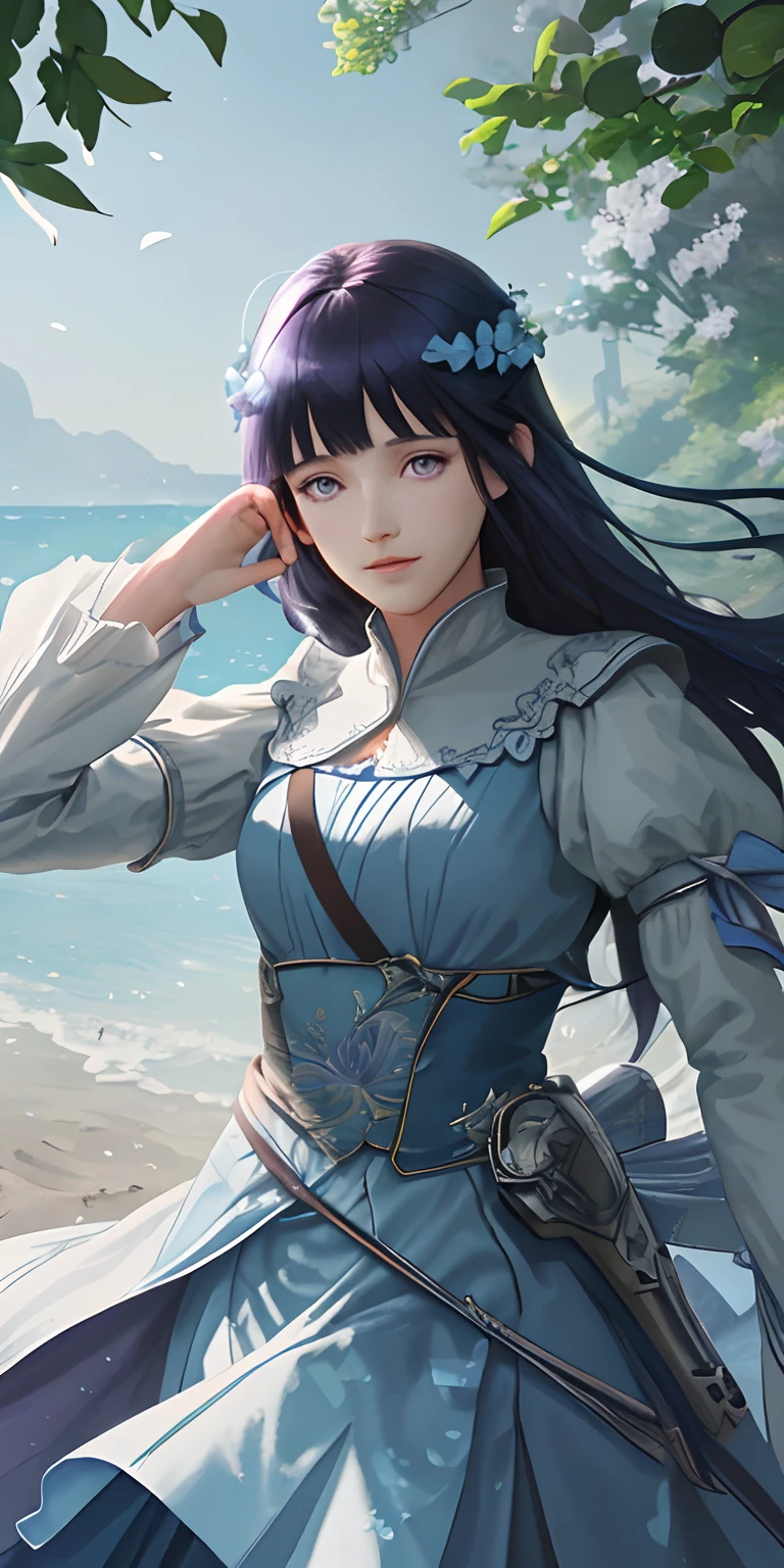 Masterpiece, best quality, (very detailed CG unity 8k wallpaper) (best quality), (best illustration), (best shadows) Nature', blue sea,delicate leaves petals of various colors falling in the air light Tracking, Blunt Bangs, purple eyes, long dark blue hair,super detailed --v6