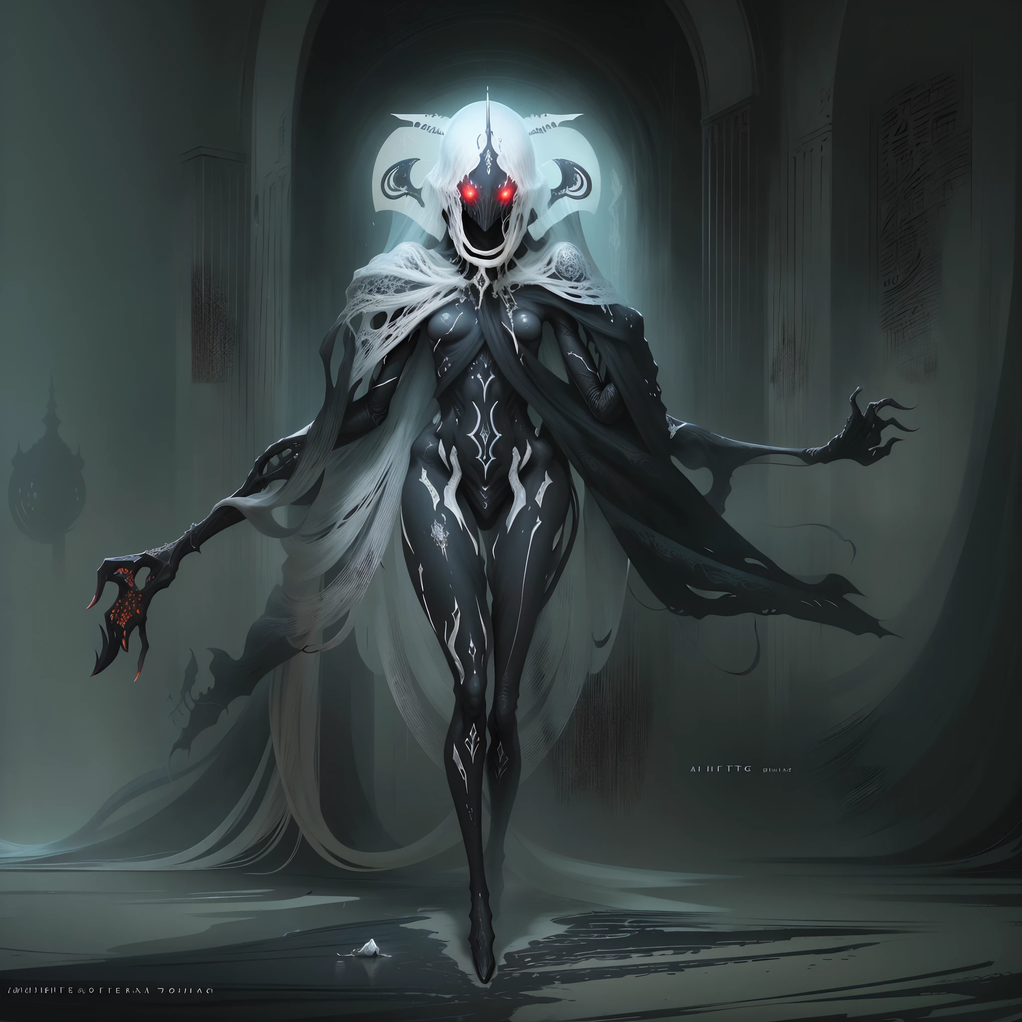 um desenho preto e branco de uma mulher com uma espada, arte conceitual demon soul, Arte conceitual escura de alto contraste, symmetric concept art, arte infestada de warframe, rsrs, arte conceitual sombria, arte do personagem da criatura conceitual, ( ( arte conceitual do personagem ) ), personagem bruxa escura, conceito de corpo inteiro, arte conceitual warframe, arte conceitual arcana