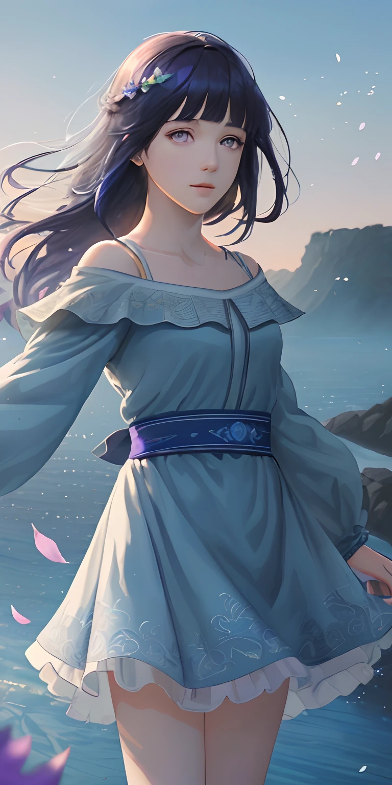 Masterpiece, best quality, (very detailed CG unity 8k wallpaper) (best quality), (best illustration), (best shadows) Nature&#39, blue sea,delicate leaves petals of various colors falling in the air light Tracking, Blunt Bangs, purple eyes, long dark blue hair,super detailed --v6