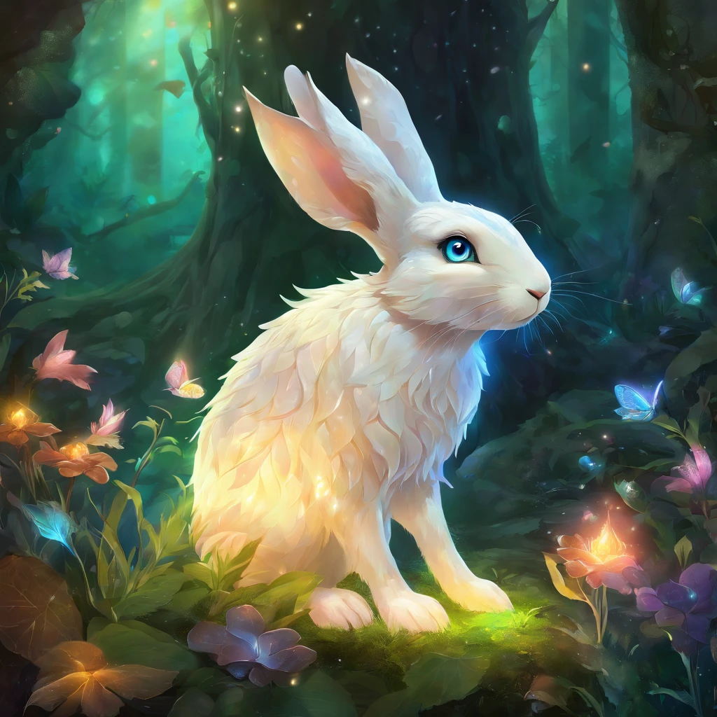 qualidade superior, obra prima, ultra-detalhada, Foto RAW, (fotorrealista:1.4),
In the heart of the enchanted forest, an extraordinary being emerges from the vegetation, the Crystal Rabbit. Its fur is translucent, as if made of liquid crystal, and glows with a soft, ethereal light that radiates a sense of purity and magic. The Crystal Rabbit's fur changes color as it moves, capturing the hues of the environment around it and reflecting them on its crystalline body. Her eyes are like faceted gemstones, a deep blue that seems to contain ancient secrets. When he looks curiously at something, His eyes shine brightly, as if trying to uncover invisible mysteries. The Crystal Rabbit has long, sensitive ears that lift up with grace, Capturing the subtle sounds of the magical forest. Its paws are small and agile, allowing it to move silently through dense vegetation. As you move, tiny sparks of light twinkle in your wake, leaving a trail of magical glow in the air. When you feel threatened or need to protect yourself, the Crystal Rabbit can create a crystal barrier around you, making you temporarily invulnerable. This magical being is considered a symbol of purity and protection in the enchanted forest, and its presence is always a glimmer of wonder and delight. Those who are lucky enough to encounter it have the feeling of having witnessed a truly unique and magical creature. . estilo europeu, Pale lighting, noite, profundidade de campos