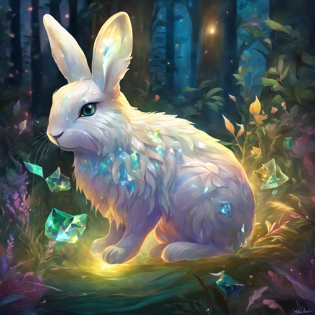 qualidade superior, obra prima, ultra-detalhada, Foto RAW, (fotorrealista:1.4),
In the heart of the enchanted forest, an extraordinary being emerges from the vegetation, the Crystal Rabbit. Its fur is translucent, as if made of liquid crystal, and glows with a soft, ethereal light that radiates a sense of purity and magic. The Crystal Rabbit's fur changes color as it moves, capturing the hues of the environment around it and reflecting them on its crystalline body. Her eyes are like faceted gemstones, a deep blue that seems to contain ancient secrets. When he looks curiously at something, His eyes shine brightly, as if trying to uncover invisible mysteries. The Crystal Rabbit has long, sensitive ears that lift up with grace, Capturing the subtle sounds of the magical forest. Its paws are small and agile, allowing it to move silently through dense vegetation. As you move, tiny sparks of light twinkle in your wake, leaving a trail of magical glow in the air. When you feel threatened or need to protect yourself, the Crystal Rabbit can create a crystal barrier around you, making you temporarily invulnerable. This magical being is considered a symbol of purity and protection in the enchanted forest, and its presence is always a glimmer of wonder and delight. Those who are lucky enough to encounter it have the feeling of having witnessed a truly unique and magical creature. . estilo europeu, Pale lighting, noite, profundidade de campos