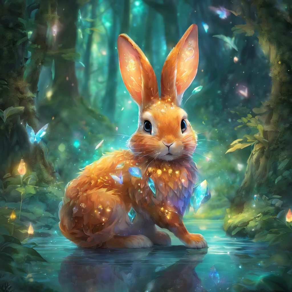 qualidade superior, obra prima, ultra-detalhada, Foto RAW, (fotorrealista:1.4),
In the heart of the enchanted forest, an extraordinary being emerges from the vegetation, the Crystal Rabbit. Its fur is translucent, as if made of liquid crystal, and glows with a soft, ethereal light that radiates a sense of purity and magic. The Crystal Rabbit's fur changes color as it moves, capturing the hues of the environment around it and reflecting them on its crystalline body. Her eyes are like faceted gemstones, a deep blue that seems to contain ancient secrets. When he looks curiously at something, His eyes shine brightly, as if trying to uncover invisible mysteries. The Crystal Rabbit has long, sensitive ears that lift up with grace, Capturing the subtle sounds of the magical forest. Its paws are small and agile, allowing it to move silently through dense vegetation. As you move, tiny sparks of light twinkle in your wake, leaving a trail of magical glow in the air. When you feel threatened or need to protect yourself, the Crystal Rabbit can create a crystal barrier around you, making you temporarily invulnerable. This magical being is considered a symbol of purity and protection in the enchanted forest, and its presence is always a glimmer of wonder and delight. Those who are lucky enough to encounter it have the feeling of having witnessed a truly unique and magical creature. . estilo europeu, Pale lighting, noite, profundidade de campos