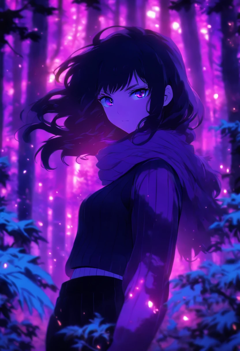 , Black-haired girl in the woods, long-haired, purple eyes, Purple scarf, black sweater, black pants, pale skin, Simple, easy, Pacific