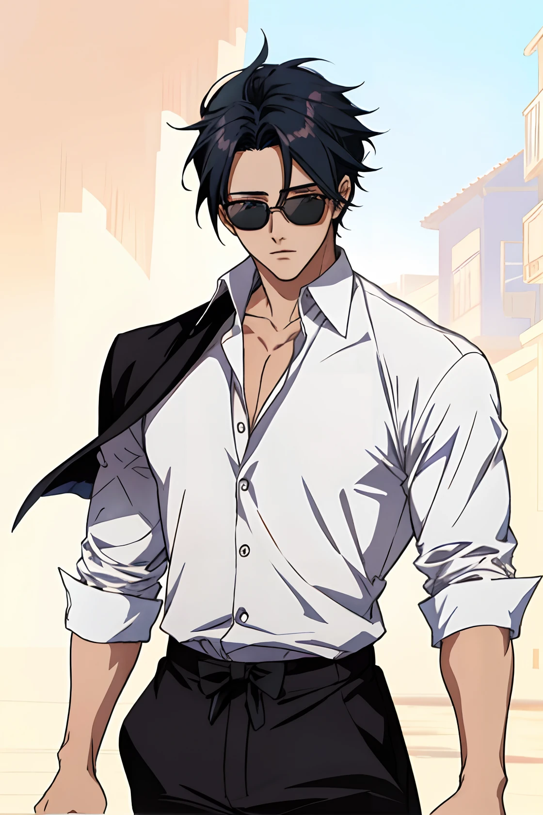 A drawing of a man in a shirt and sunglasses, cabelo preto, homem bonito anime, cara de anime alto com olhos pretos, pose de anime bonito, sasuke bonito, Retrato anime de um homem bonito, personagem de anime masculino, design de personagem masculino, Roupas russas brancas, arte do personagem masculino humano, estilo anime masculino, corpo perfeitamente sombreado, cara bonito na arte demon slayer, fanart requintada altamente detalhada, homem com cabelos negros