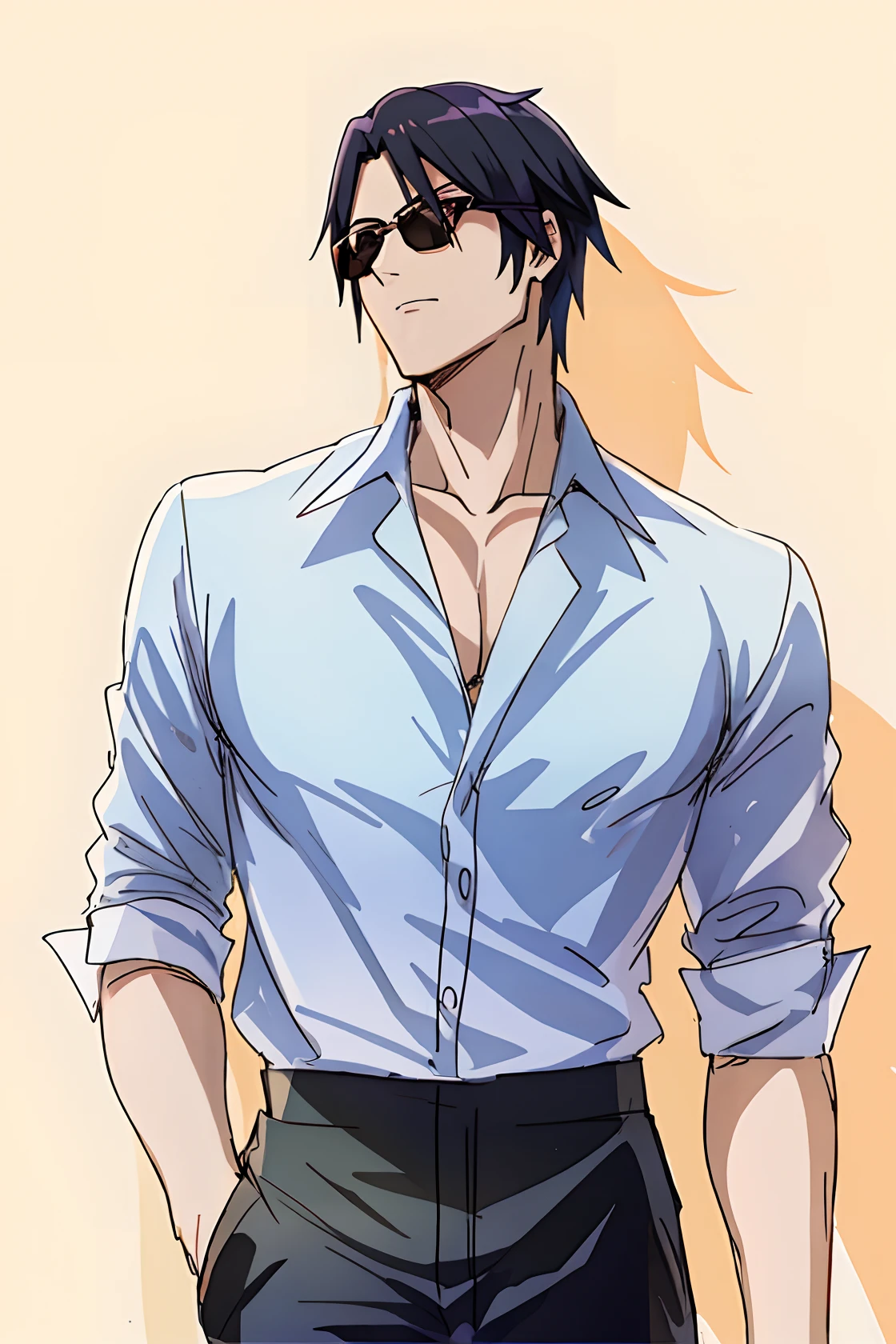 A drawing of a man in a shirt and sunglasses, cabelo preto, homem bonito anime, cara de anime alto com olhos pretos, pose de anime bonito, sasuke bonito, Retrato anime de um homem bonito, personagem de anime masculino, design de personagem masculino, Roupas russas brancas, arte do personagem masculino humano, estilo anime masculino, corpo perfeitamente sombreado, cara bonito na arte demon slayer, fanart requintada altamente detalhada, homem com cabelos negros