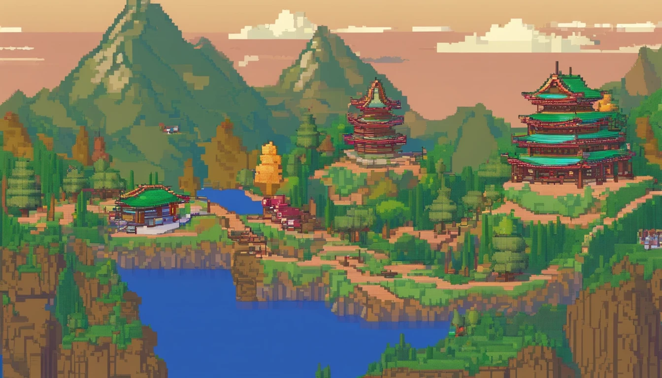 Evening. 3D пиксельная графика. A Japanese mountain road with many sharp turns is depicted, illuminated by faded old lanterns, Against the background of a high mountain