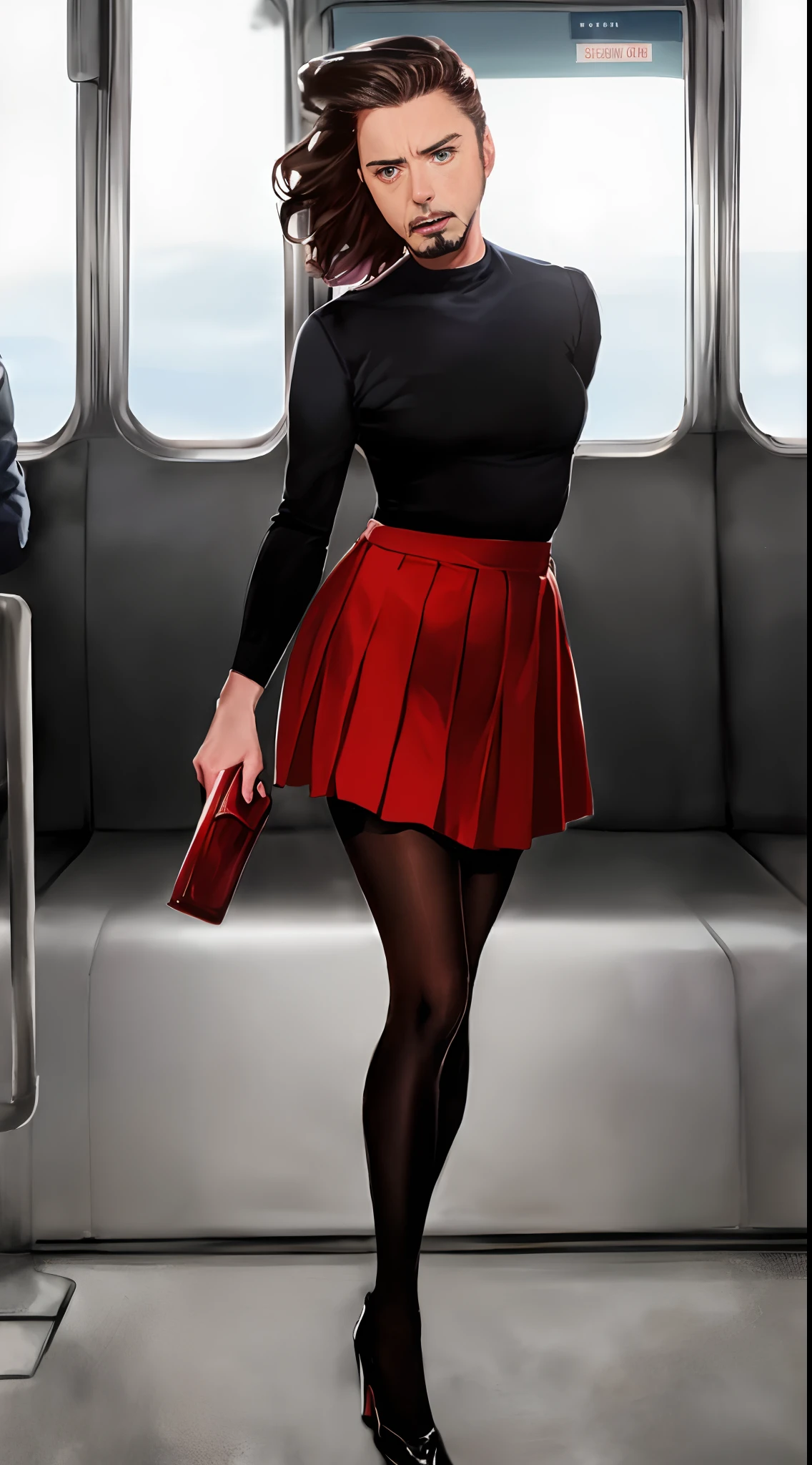 ((Robert Downey as a 14 year old pre-teen girl)), long blouse, tiny pleated skirt, waist-high black tights, high heels, full body photo, very fair skin, shaved hair, busy train car, photorealistic, indirect lighting, volumetric light, ray tracing, hyperdetailed