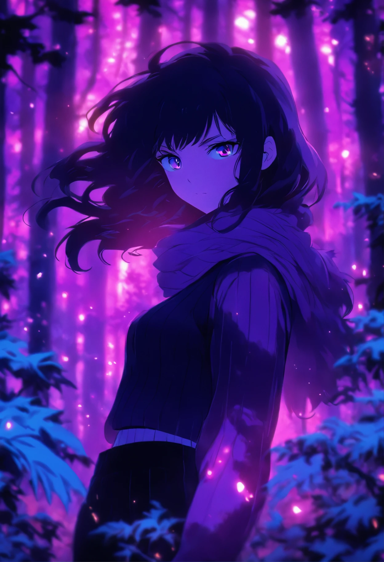15 years old, Black-haired girl in the woods, long-haired, purple eyes, Purple scarf, black sweater, black pants, pale skin, Simple, easy, Pacific