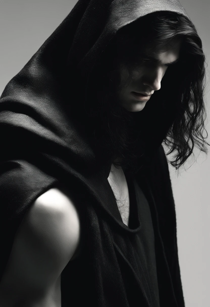 (Best quality,photoreallistic),(Sombre,pressentiment) Un homme adolescent,Detailed black eyes,long black hair resembling the night,pale skinned,Cernes visibles,athletic body but covered in scars,Disturbing atmosphere,Gothic aesthetics,Apparence cauchemardesque,Regard intense,mysterious aura, posture sinueuse et tendue,Dramatic shadows and lighting,striking contrast between light and dark,Suspicion of danger,Enchanted atmosphere, on que son visage de face.