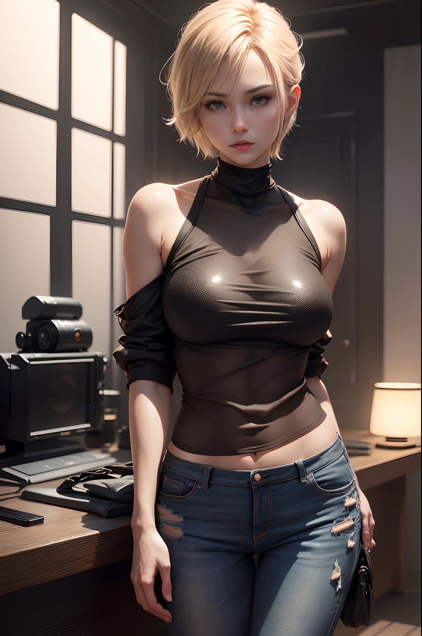 Beautiful mature russian woman、Black tank top、Short black denim pants、Brown flight jacket((Slimed、小柄))、Blonde Shorthair　Photorealsitic、a picture、​masterpiece、reallistic、真实感、photorealisim、High contrast、Photorealistic Art Station Trend Digital Art 8k HD High Resolution Explanation Real, detaileds, Skin Texture, ultra-detailliert, realistic skin textures, armature, top-quality, 超A high resolution, (Photorealsitic:1.4),, hight resolution, detaileds, Raw foto, Sharp Re, Nikon D850 Film Stock Photo by Lee Jefferies 4 Kodak Portra 400 Camera F1.6 lenses rich colors hyper realistic lifelike textures dramatic lighting unreal engine artstation trends synestil 800,