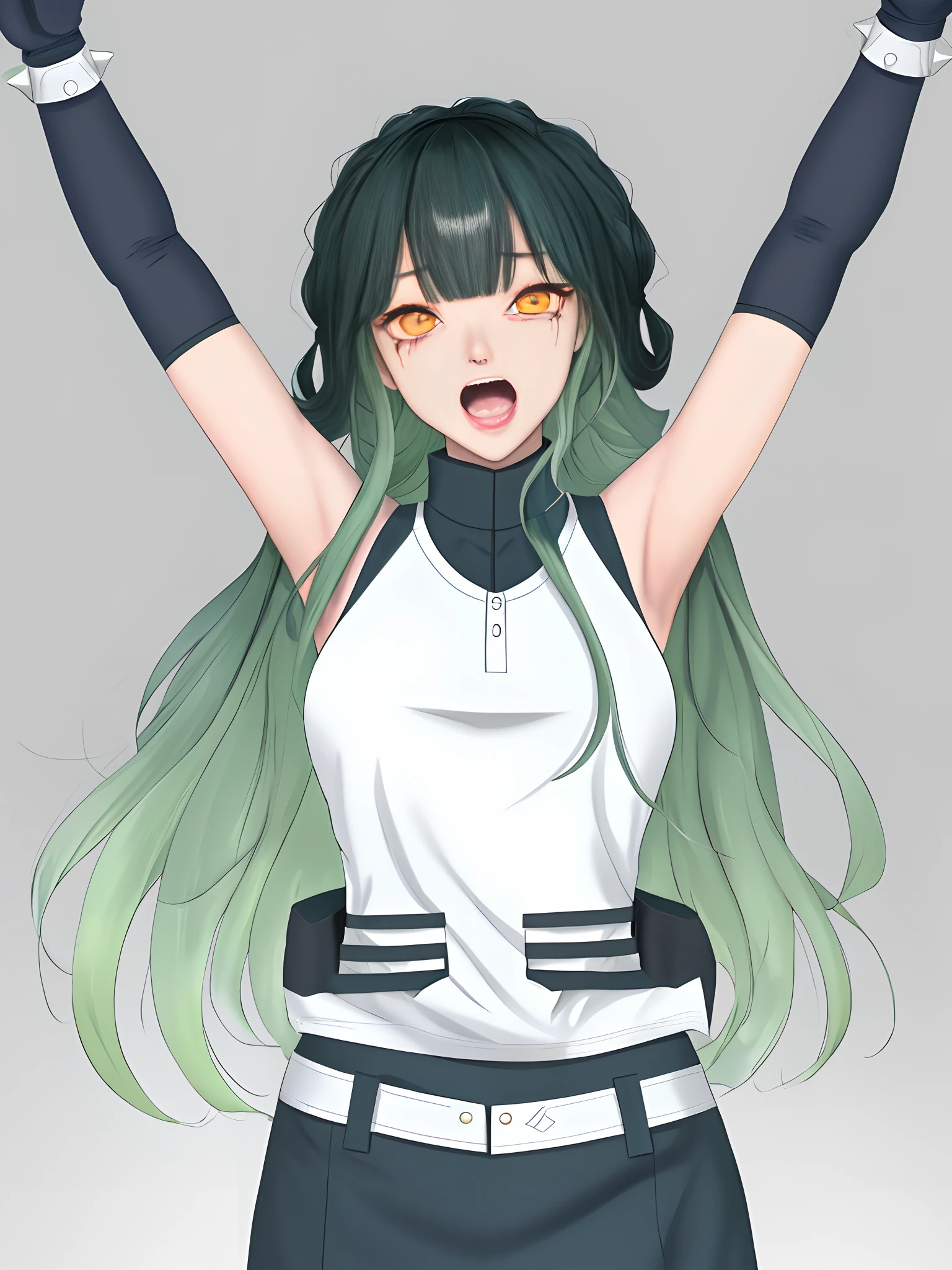 tmasterpiece, Best quality at best, 1girll, 独奏, teardrop, Be red in the face, dreads, Scream, and the tongue sticks out, laughingly, with her mouth open, roll eyes, head looking up, full bodyesbian, Armpits, Arms up, (Torso grab, Tickle, mitts, Intangible limbs:1.2), TKL