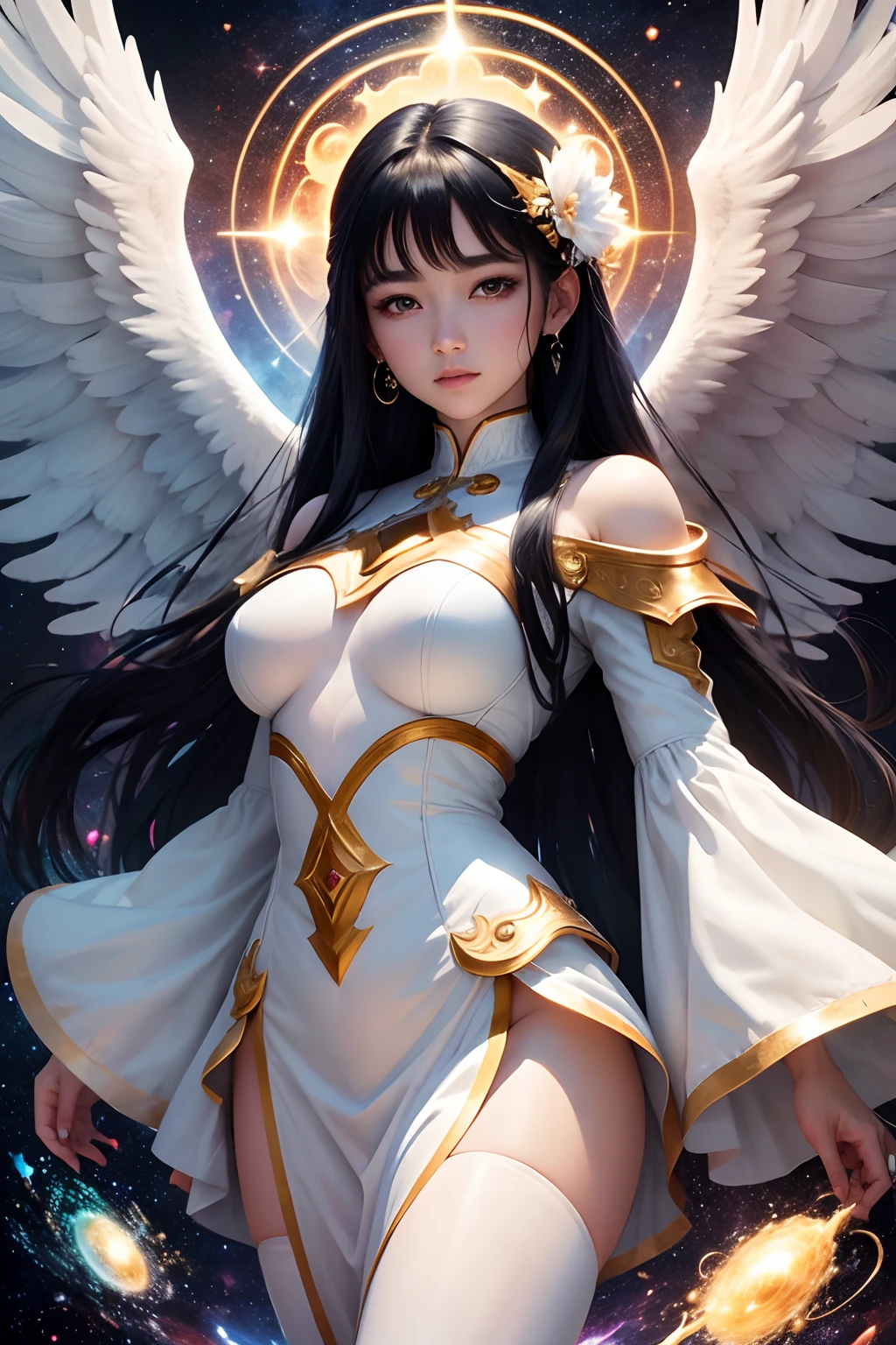 1 woman, celestial angel appearance, superior quality, best quality, colorful cosmic Power scene image, white clothes, black hair