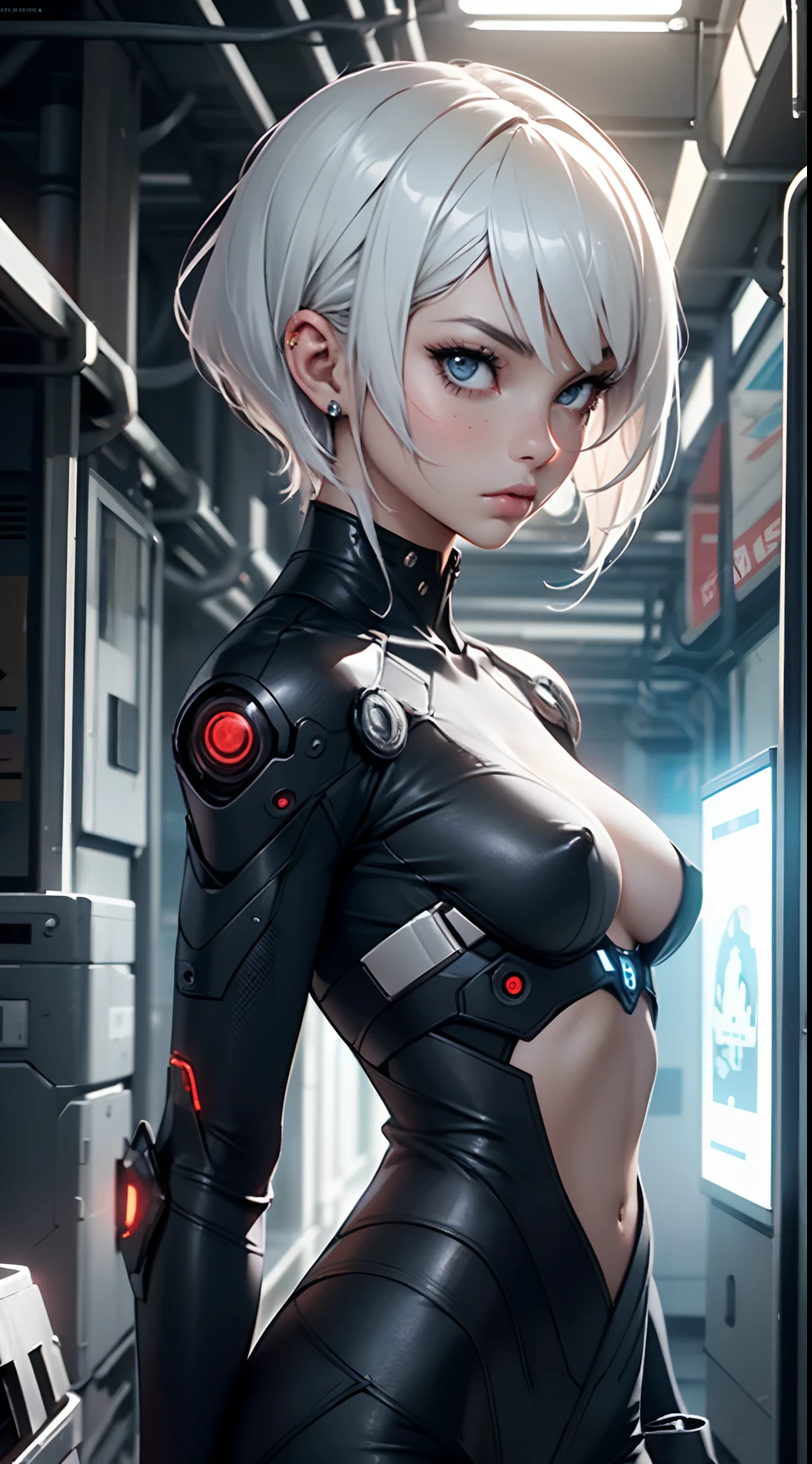 a close up of a woman with a very short hair, digital art inspired by Eve Ryder, trending on cg society, afrofuturism, cyborg - girl with silver hair, fashionable futuristic woman, movie still of a cool cyborg, ross tran 8 k, futuristic, futuristic hairstyle, futuristic look, (NSFW)