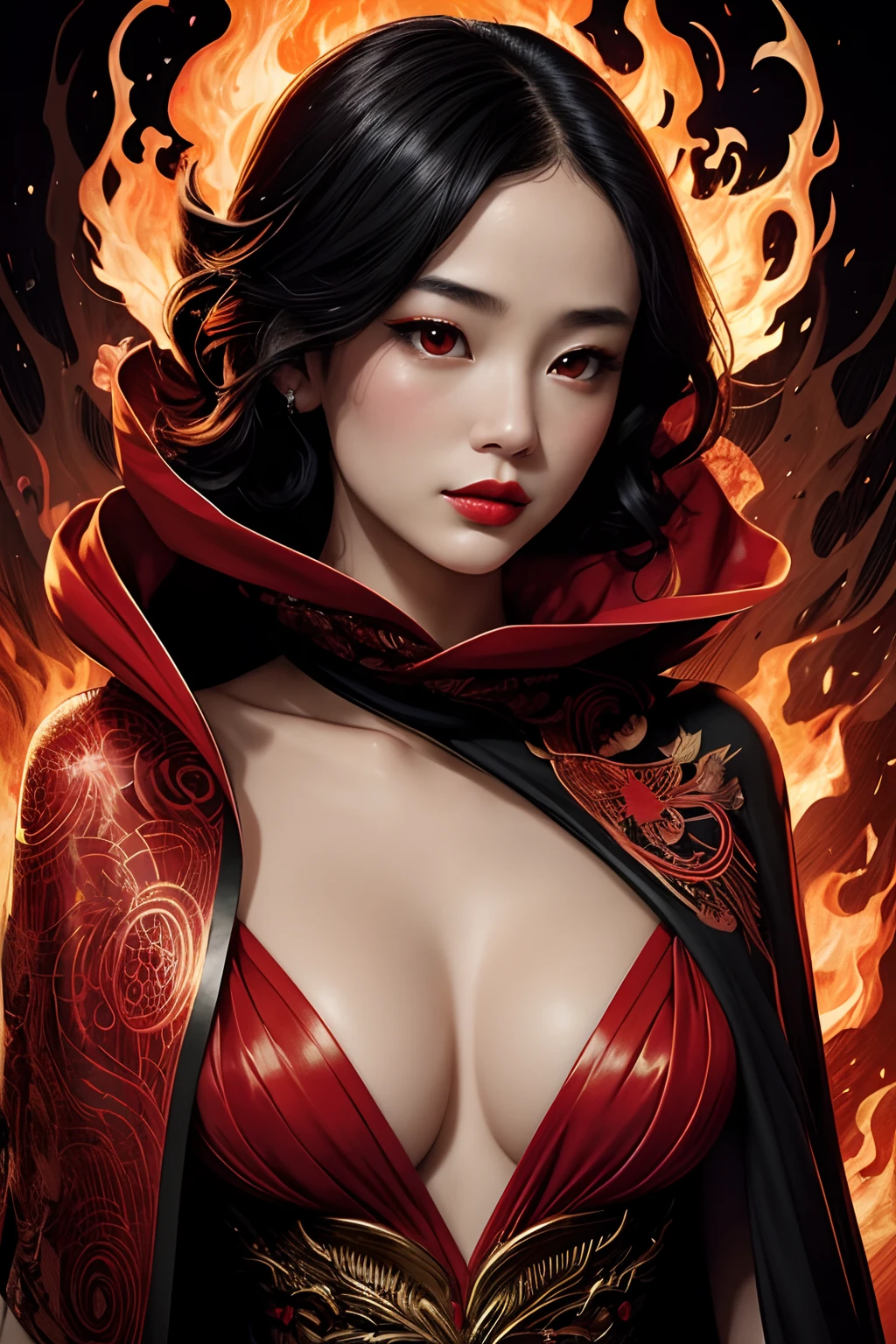beautiful, elegant, graceful, 1girl, portrait, half-naked, (style of Yuko Shimizu:1.1), (abstract art:1.2), red lips, silent in chaos, model pose in fashion show, style of rebecca guay, black hair, red fire, cloaked in flames, dark theme, visually stunning, gorgeous