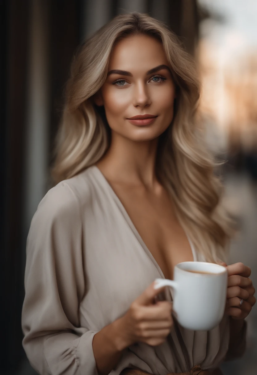 professional full body photo, (4k photo:1.1) by (Jeremy Lipking:0.3), (Dittmann Anna:0.3), (Arian Mark:0.3), (Sharp focus:1.3), high detail, holding coffee cup in her hand smiling, blond hair, instagram model pose, confident, fit girl, lean girl, small breasts:1.2, perfect anatomy, perfect symmetry:1.2, realistic, realistic face:1.2, perfect face, happy, confident, highly detailed, and dramatic, cinematic lighting, bright scene, soft lights