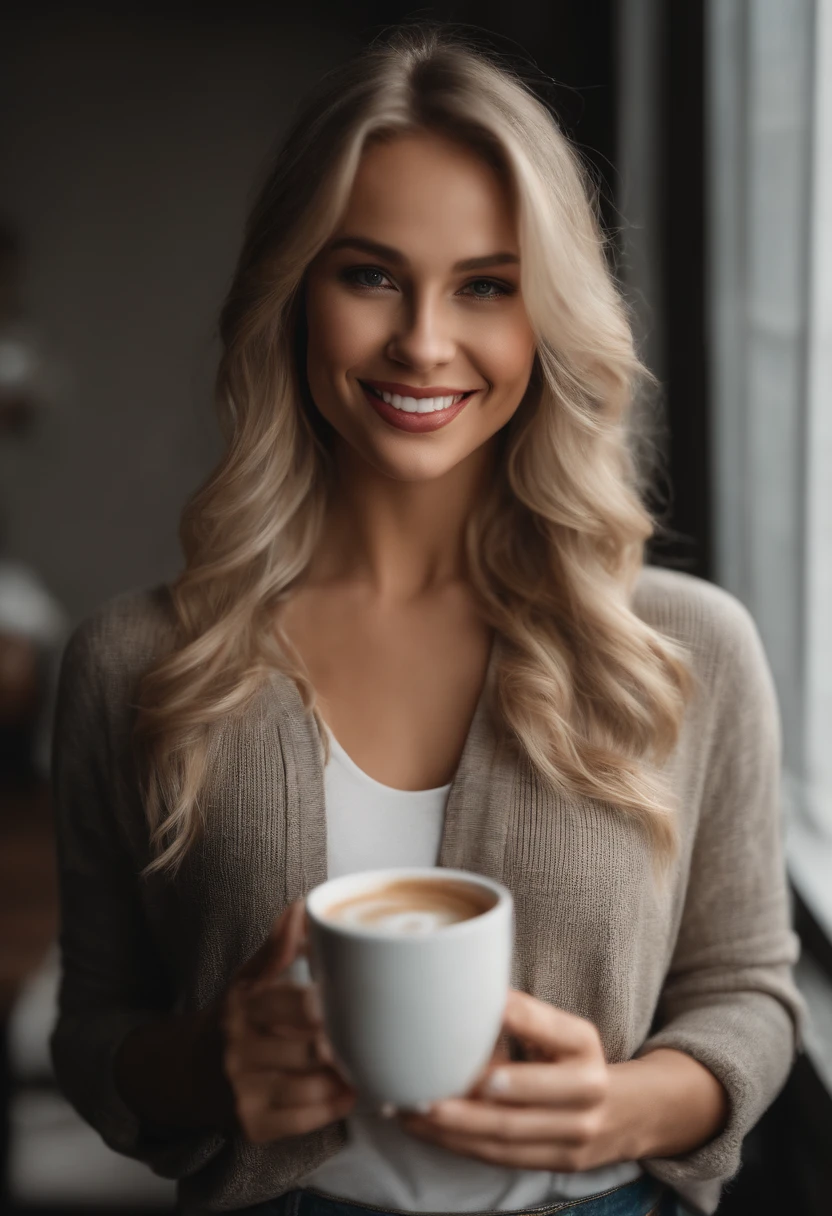 professional full body photo, (4k photo:1.1) by (Jeremy Lipking:0.3), (Dittmann Anna:0.3), (Arian Mark:0.3), (Sharp focus:1.3), high detail, holding coffee cup in her hand smiling, blond hair, instagram model pose, confident, fit girl, lean girl, small breasts:1.2, perfect anatomy, perfect symmetry:1.2, realistic, realistic face:1.2, perfect face, happy, confident, highly detailed, and dramatic, cinematic lighting, bright scene, soft lights
