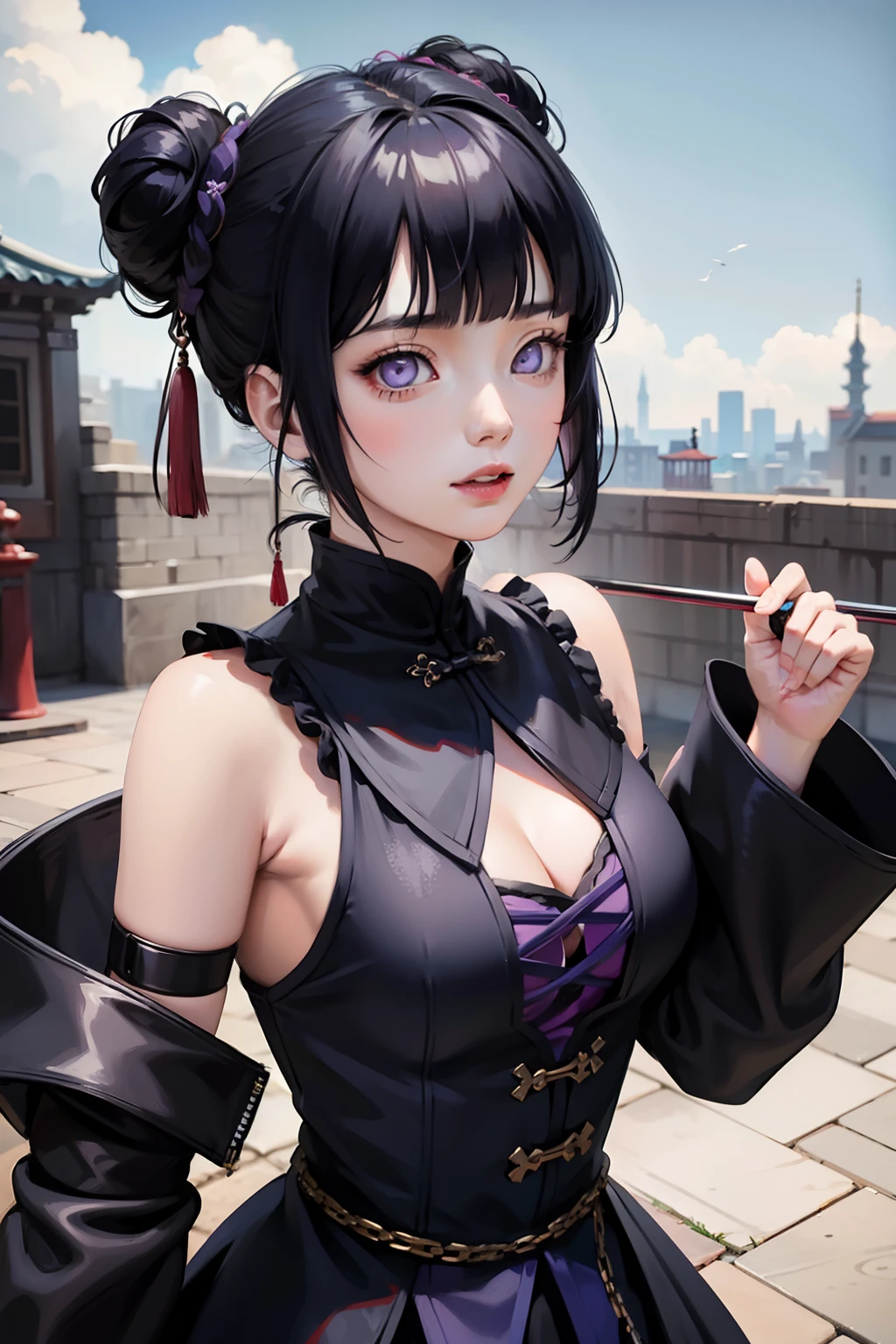 Best quality, Works of masters, A high resolution, 1girll, Super beautiful face, super beautiful eye, Super beautiful hair，Trendy outfits，Sexy and enchanting，Color explosion，Large hairpins，full bodyesbian，Blunt Bangs, purple eyes, dark blue hair,hair bun
