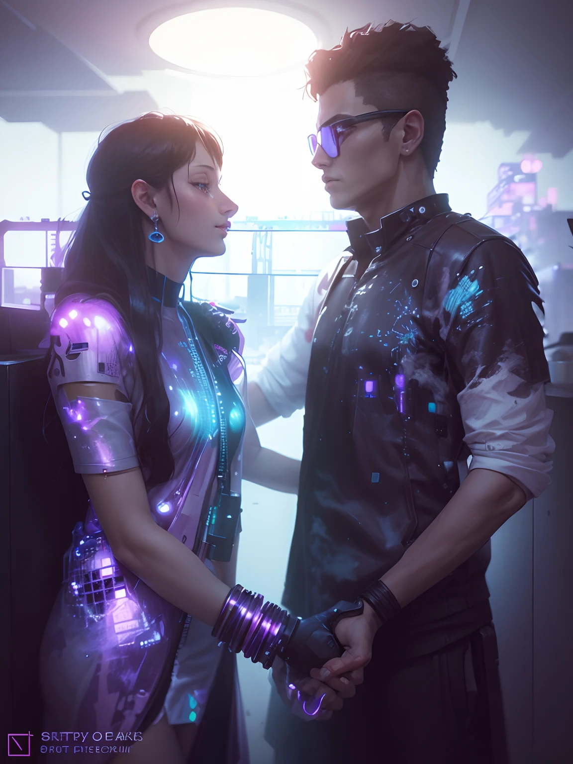 Change background cyberpunk handsome boy,  cyberpunk preety girl,  8k ultra realistic face