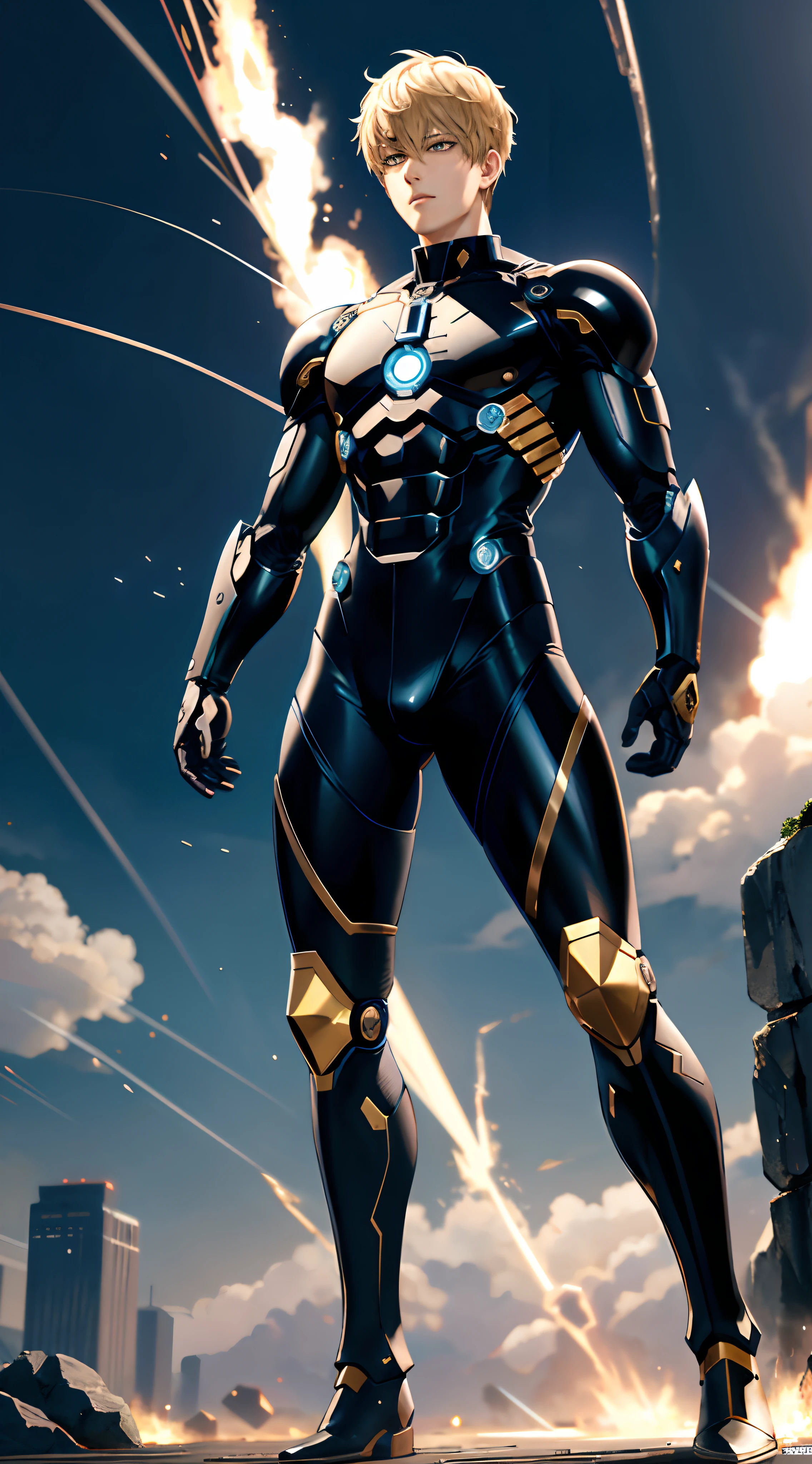 Full body of a person in cyborg mode, 1boy, anime character, undercut hair, Genos Combat mode, Genos from one punch man, shining eyes, epic batlle pose, dinamic lighting, The body emits electric sparks, electrical particle, battlefield smoke electrical fire background, anime cyborg aesthetic, black and metalic gold armor cyborg, detailed key anime art, one punch man manga, highly detailed Cyborg, hyper realistic, (8k)