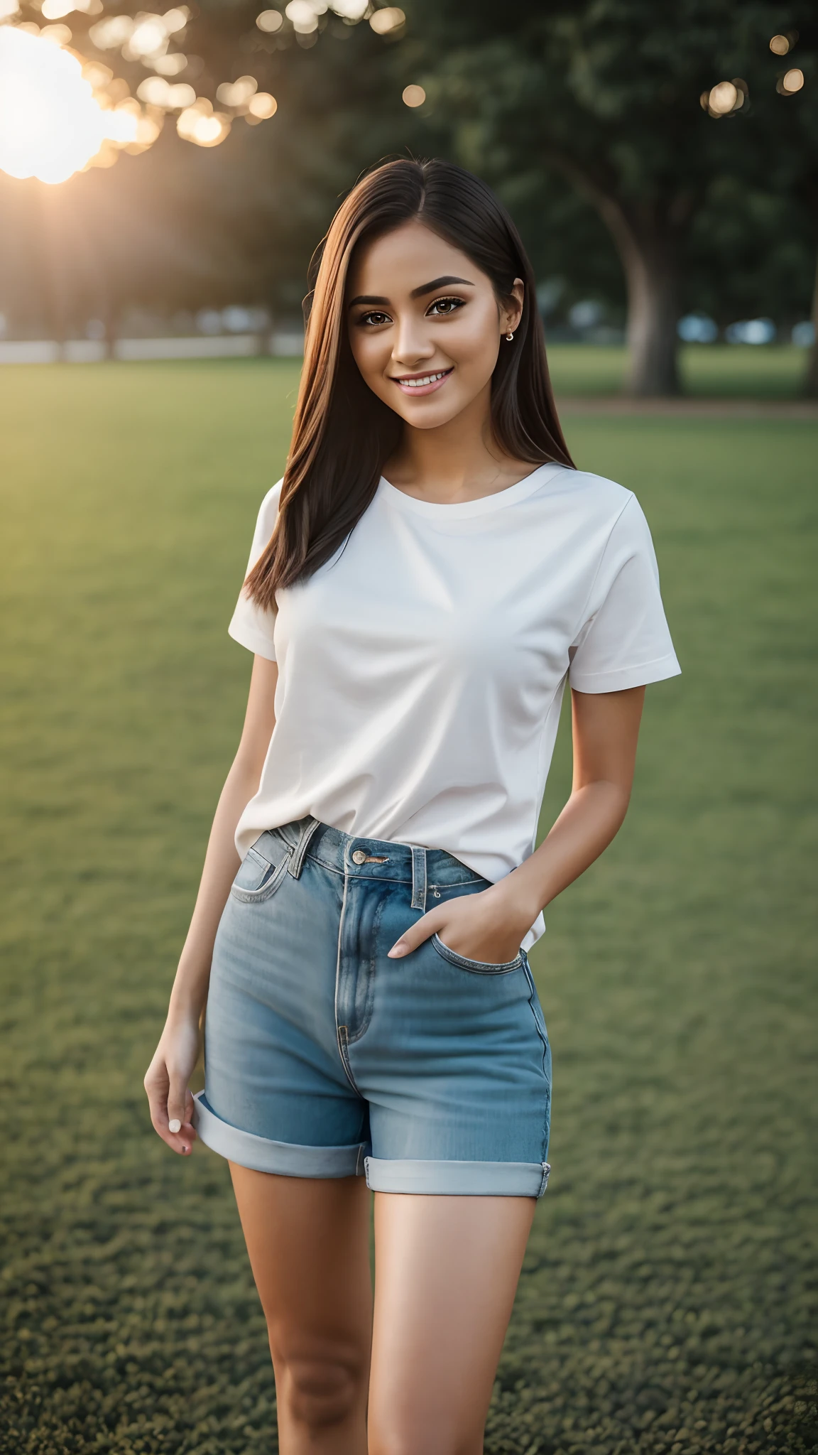Hyper realistic and detailed full body photo of one young smiling beautiful woman wearing a modern trendy casual outfit. Sunset. Park. perfect eyes, (Eye makeup:1.1), (highly detailed skin:1.1), RAW, analog style, sharp focus, 8k UHD, DSLR, high quality, Fujifilm XT3, grain, award winning, masterpiece.