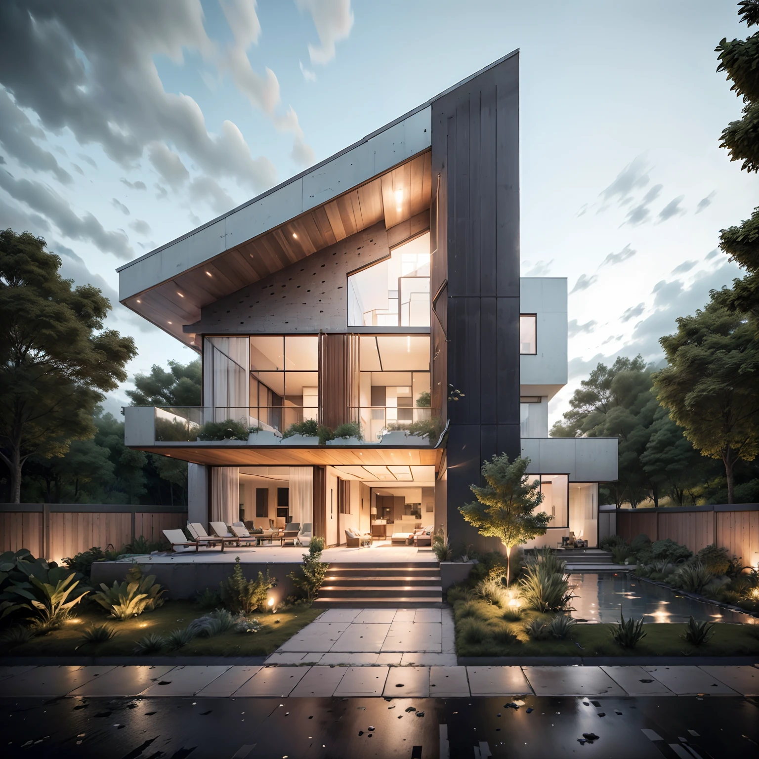 Bauhaus style house, glass house with a sloping roof, modern, dynamic (RAW photo, real, best quality, masterpiece:1.2), (hyper realistic, photo-realistic:1.2), high quality, (dark lighting:1.2), perfect lighting, archdaily