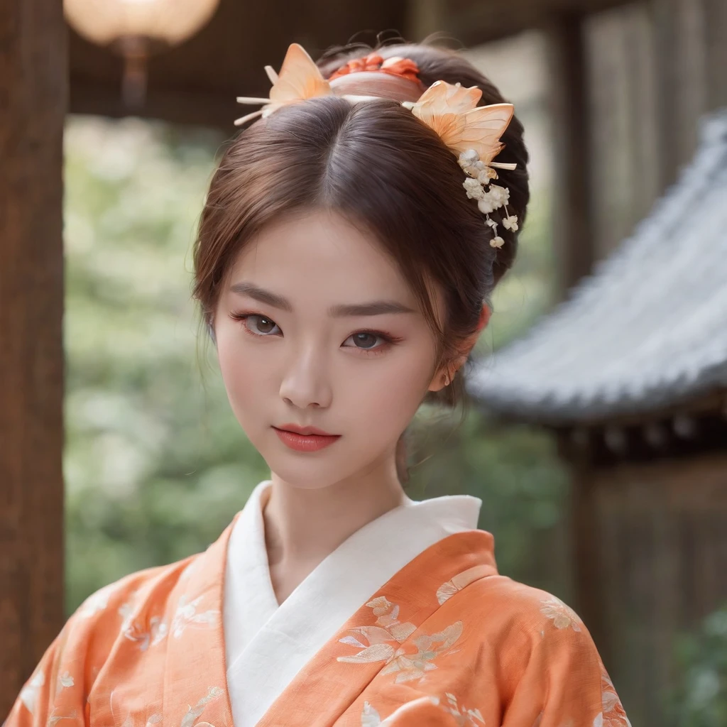 18 year old woman with Japan kimono、Wearing orange cat and light makeup on the chest、Perfect facial features、dual、Super beauty、A detailed face、Detailed 、